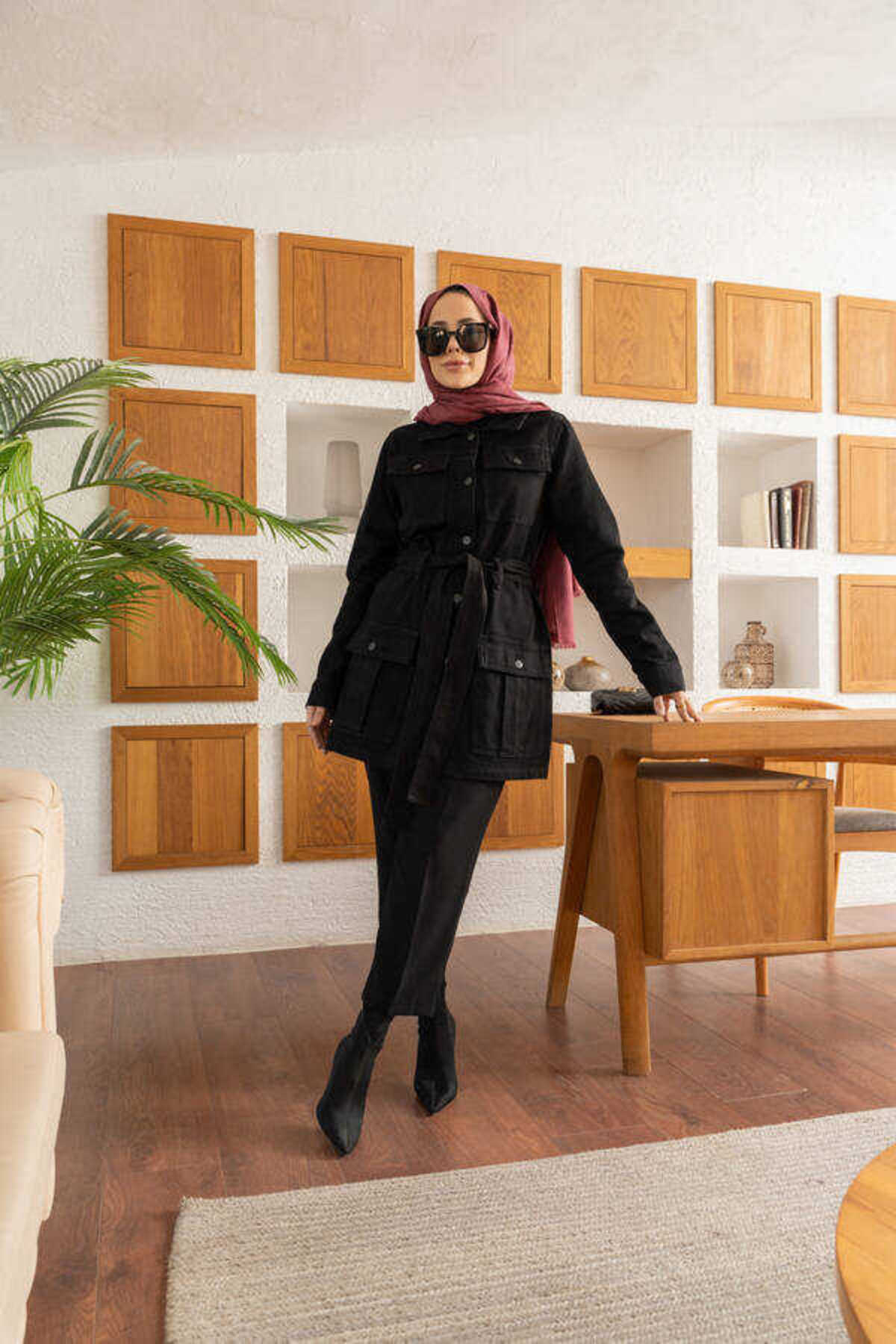 Neways  6653-Cepli Kuşaklı Kısa Ceket Siyah - Görsel 5