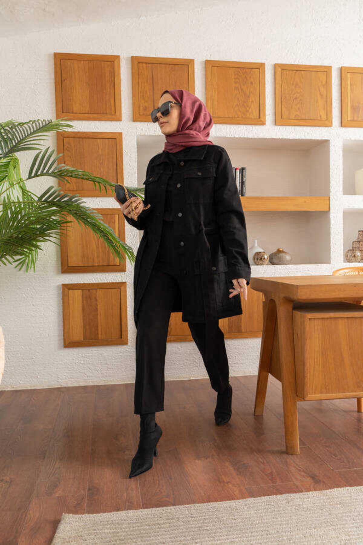 Neways  6653-Cepli Kuşaklı Kısa Ceket Siyah - Görsel 6