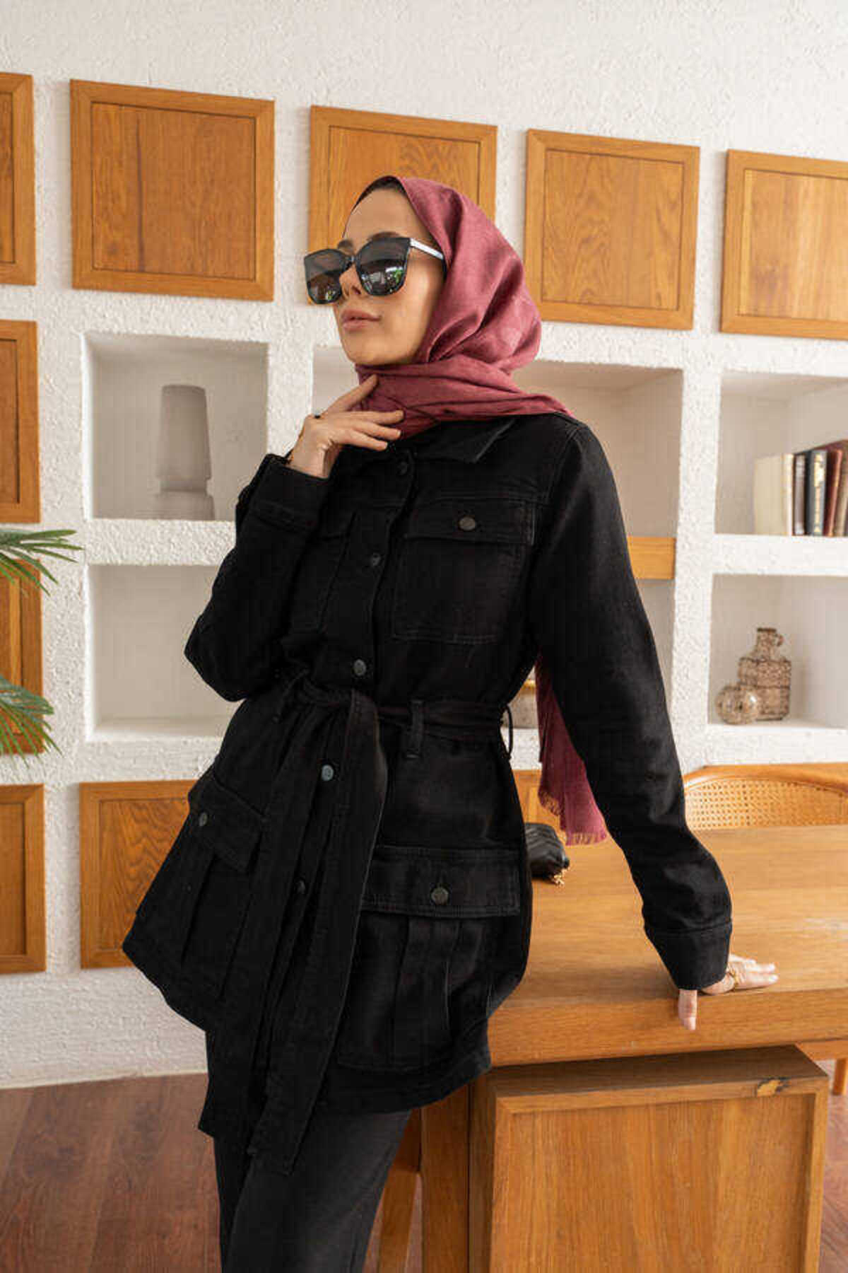 Neways  6653-Cepli Kuşaklı Kısa Ceket Siyah - Görsel 4