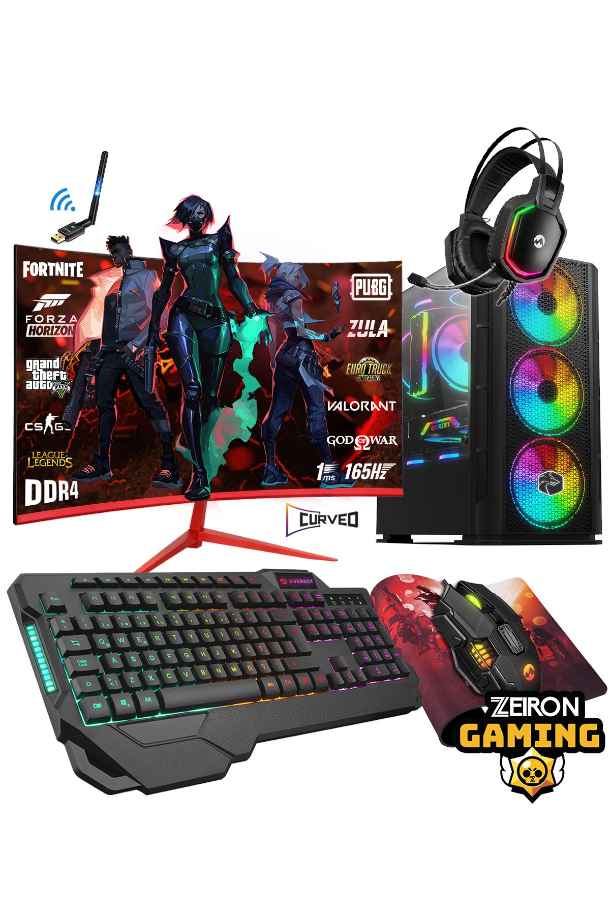 Zeiron Robin X50 Ryzen 5 5600 16GB Ram 512GB NVMe SSD RTX4060 8GB 24" 165Hz Curved Oyuncu Bilgisayarı