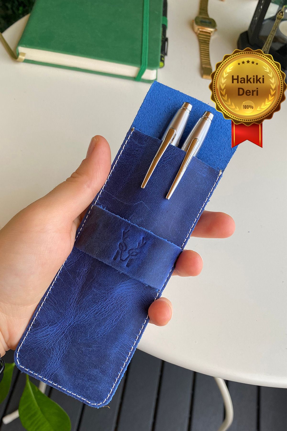 Modica-Zey - Natural Genuine Leather Blue Pen Holder, High Level Hand Workmanship, Special Design 1