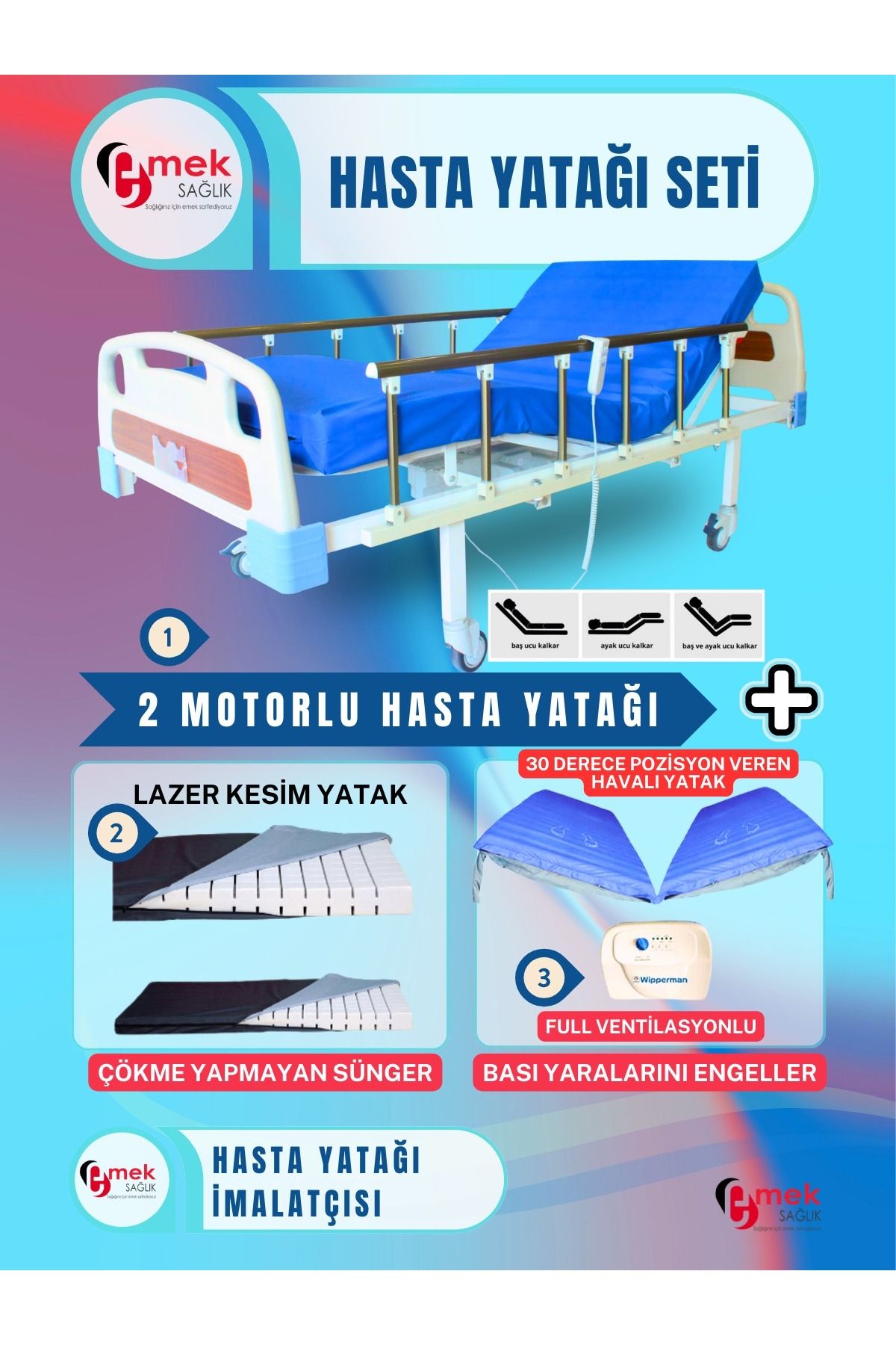 emek sağlık 2 Motorlu Abs Başlıklı Tabanca Korkuluklu + Lazer Kesim Yatak+ 30 Derece Pozisyon Veren Yatak Set