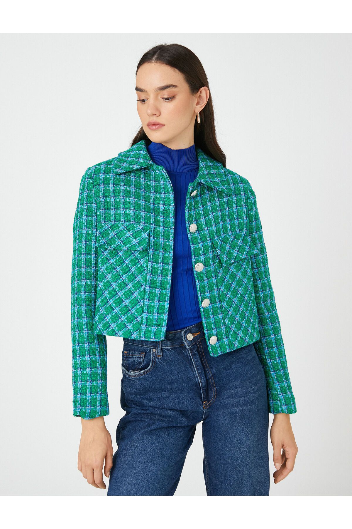 Koton-Crop Tweed Jacket with Pockets Buttons 3