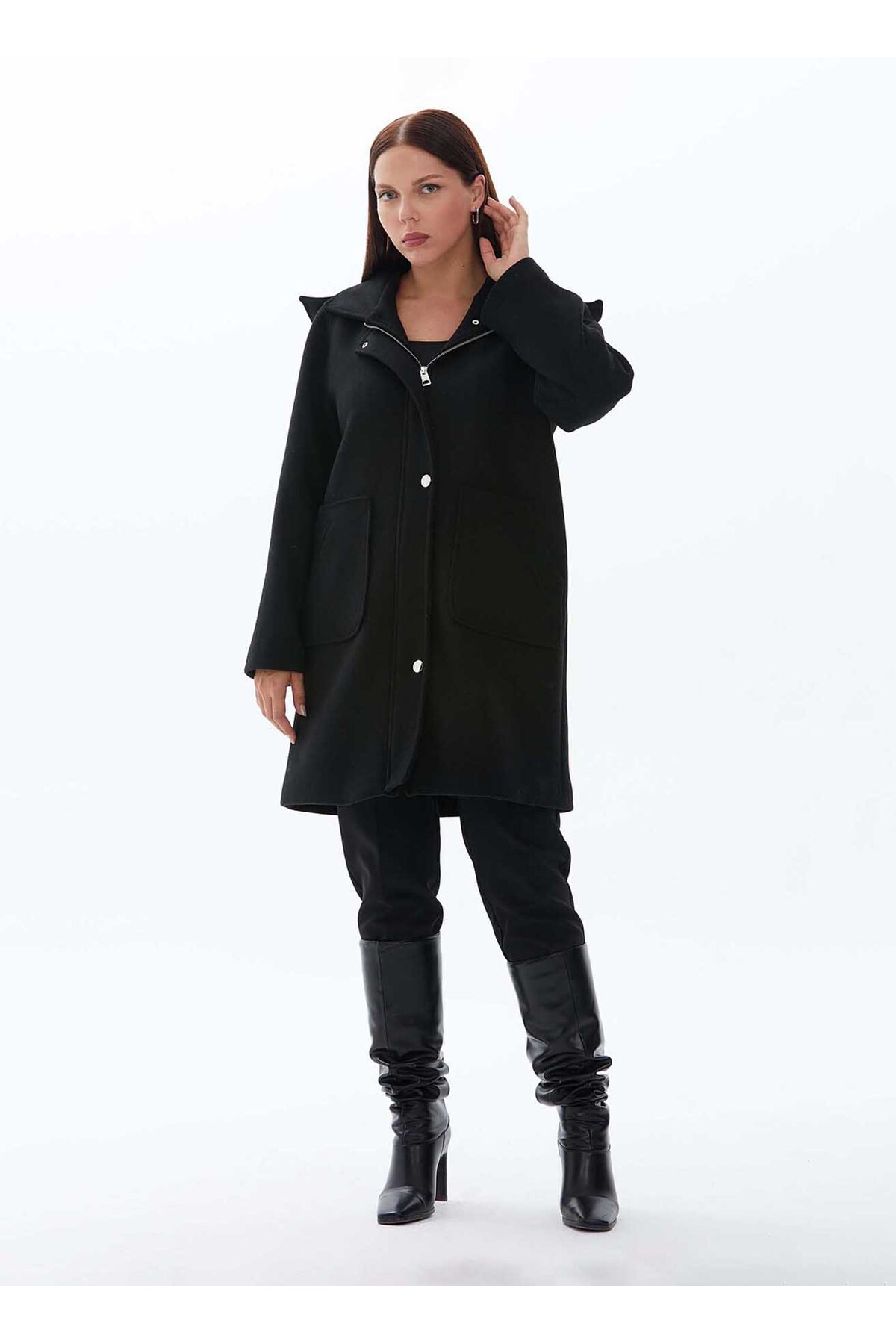 Selen  Siyah Kadın Polo Normal Düz Kaban 24KSL9422-BB Beden: 50 - Görsel 4