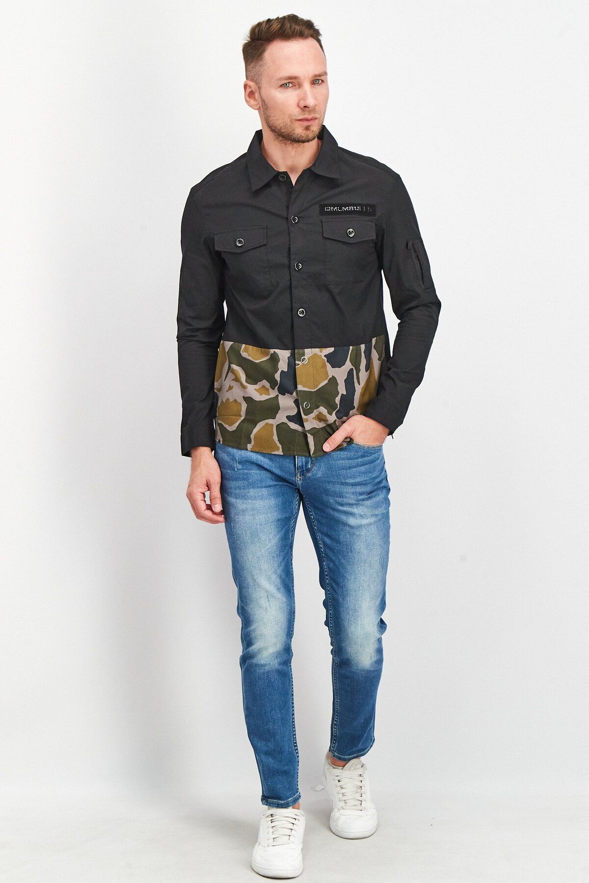 Jack & Jones-Men Regular Fit Camouflage Casual Shirt, Black/Grey 2