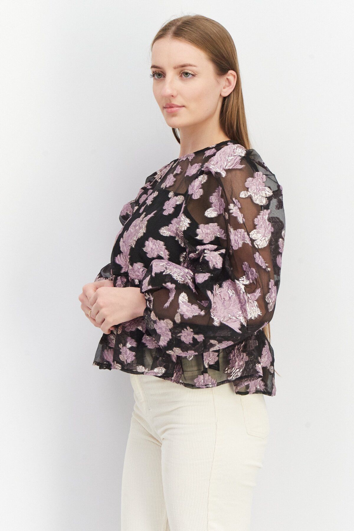 Asos Design-Women Round Neck Puffed Sleeve Floral Jacquard Top, Black 3