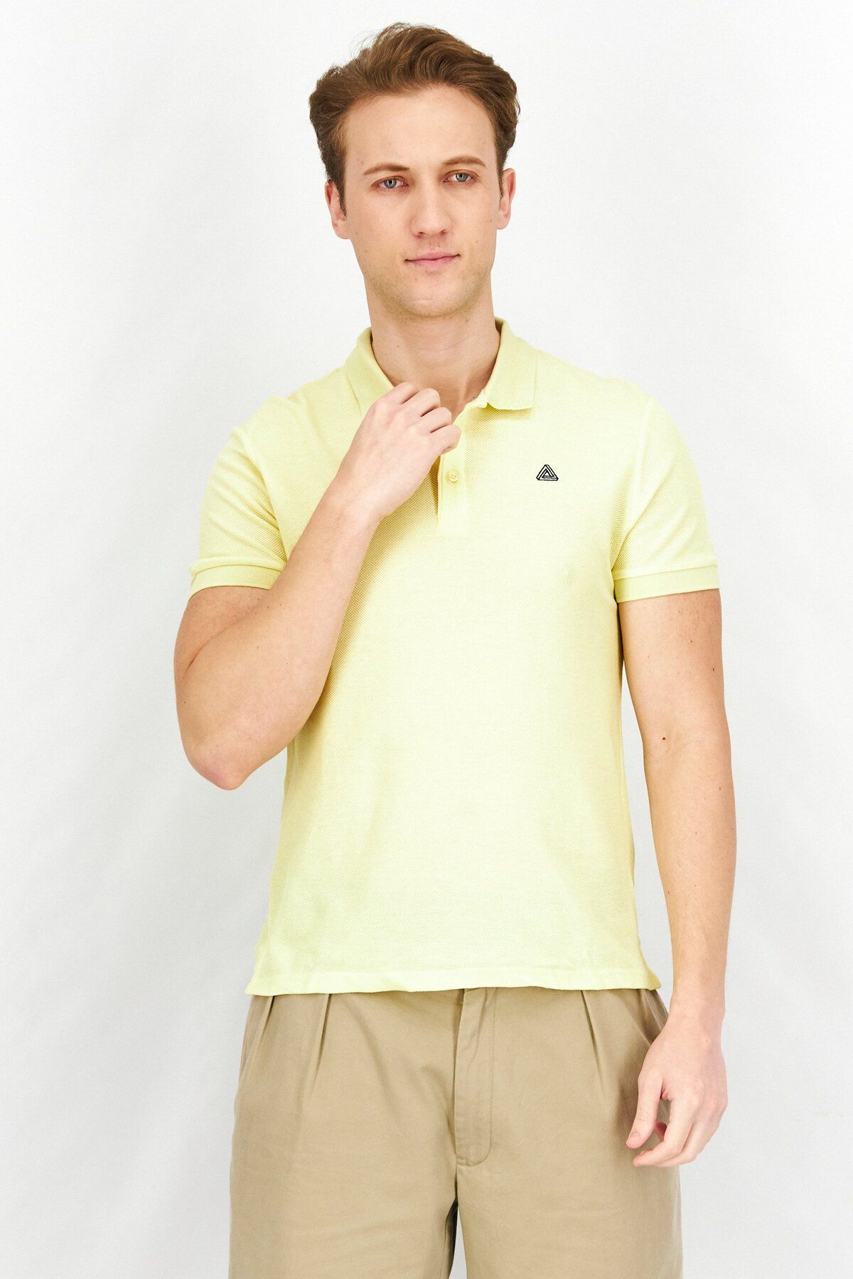 SELECTED-Men Slim Fit Brand Logo Short Sleeves Polo Shirt, Yellow 1