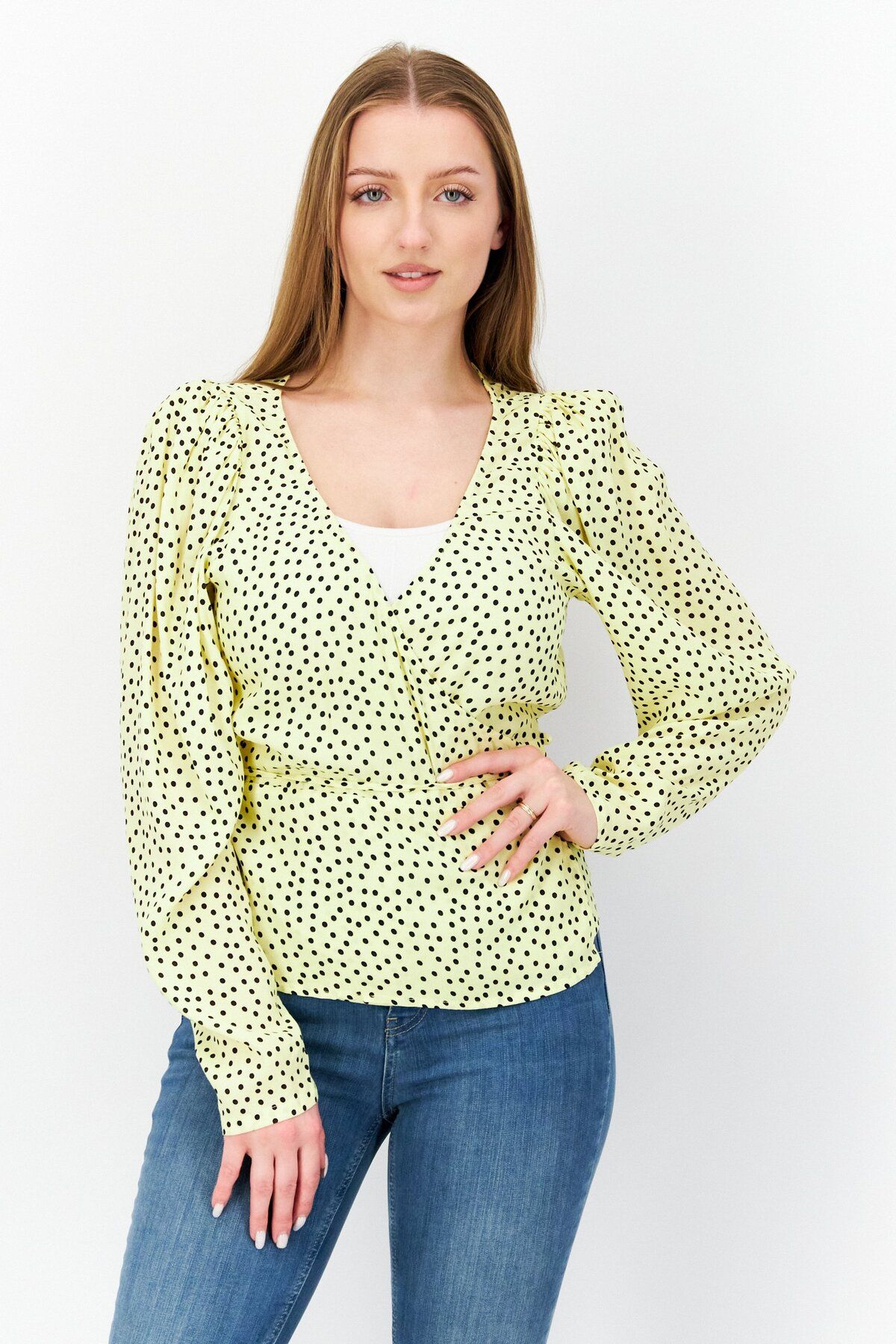 MANGO-Women Surplice Neck Long Sleeves Polka Dots Blouse, Yellow 1