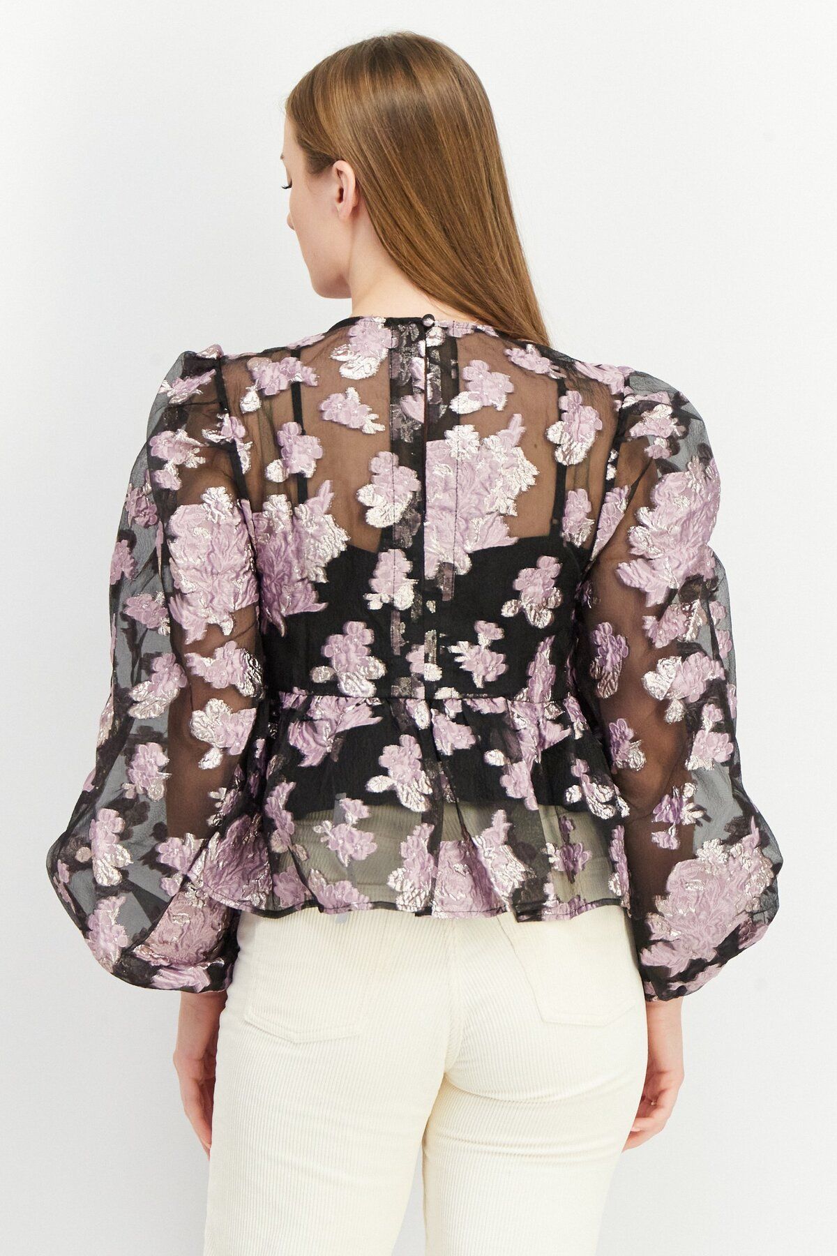 Asos Design-Women Round Neck Puffed Sleeve Floral Jacquard Top, Black 4