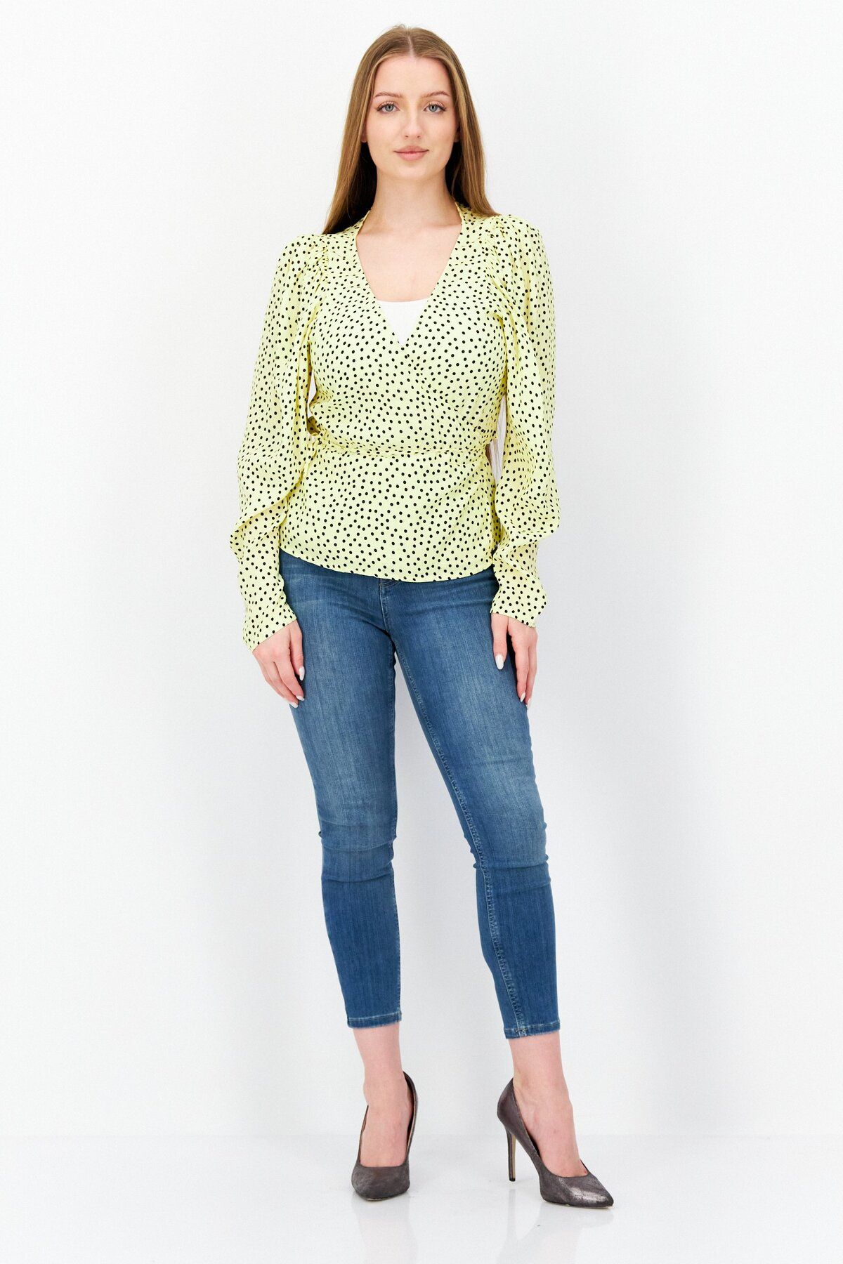 MANGO-Women Surplice Neck Long Sleeves Polka Dots Blouse, Yellow 4