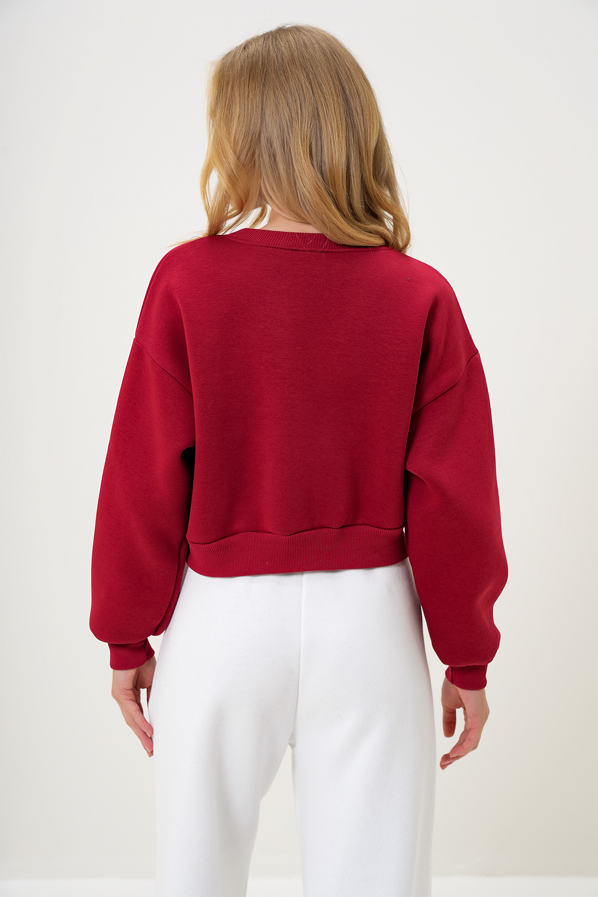 Trend Alaçatı Stili-Burgunderfarbenes Damen-Sweatshirt – Rundhalsausschnitt, Ärmel und Revers bedruckt, drei Fäden, Raster ALC-X13178 6