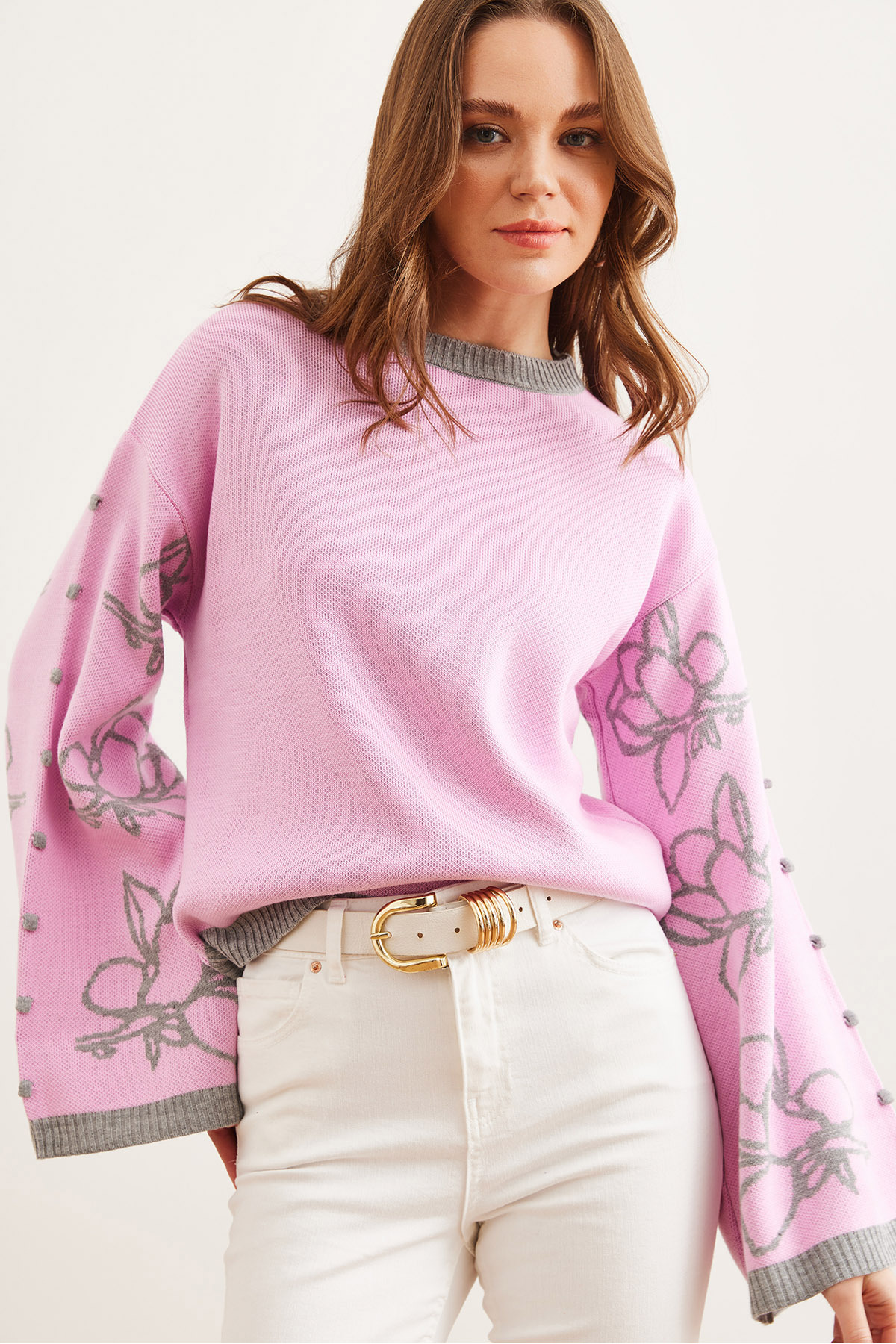 Olalook  Kadın Şeker Pembe İspanyol Kol Desenli Triko Kazak KZK-19000827 - Görsel 3