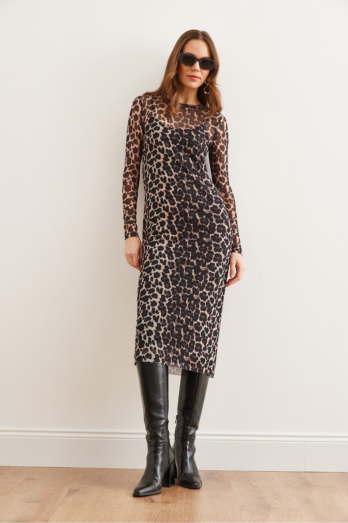 Kadın Taş Astarlı Leopar Midi Tül Elbise ELB-19002293