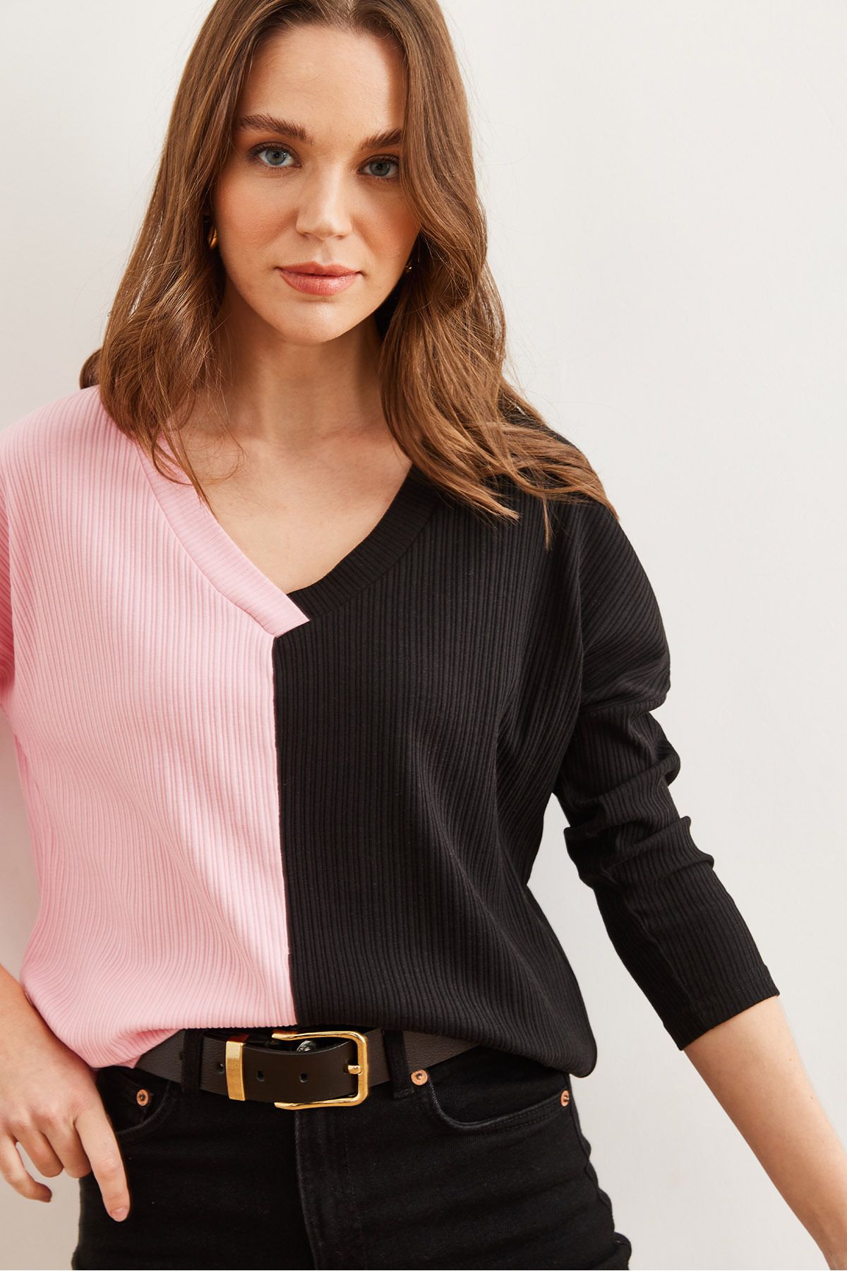 Olalook-Rosa-schwarze Farbbluse für Damen mit weicher Textur BLZ- 19002780 3