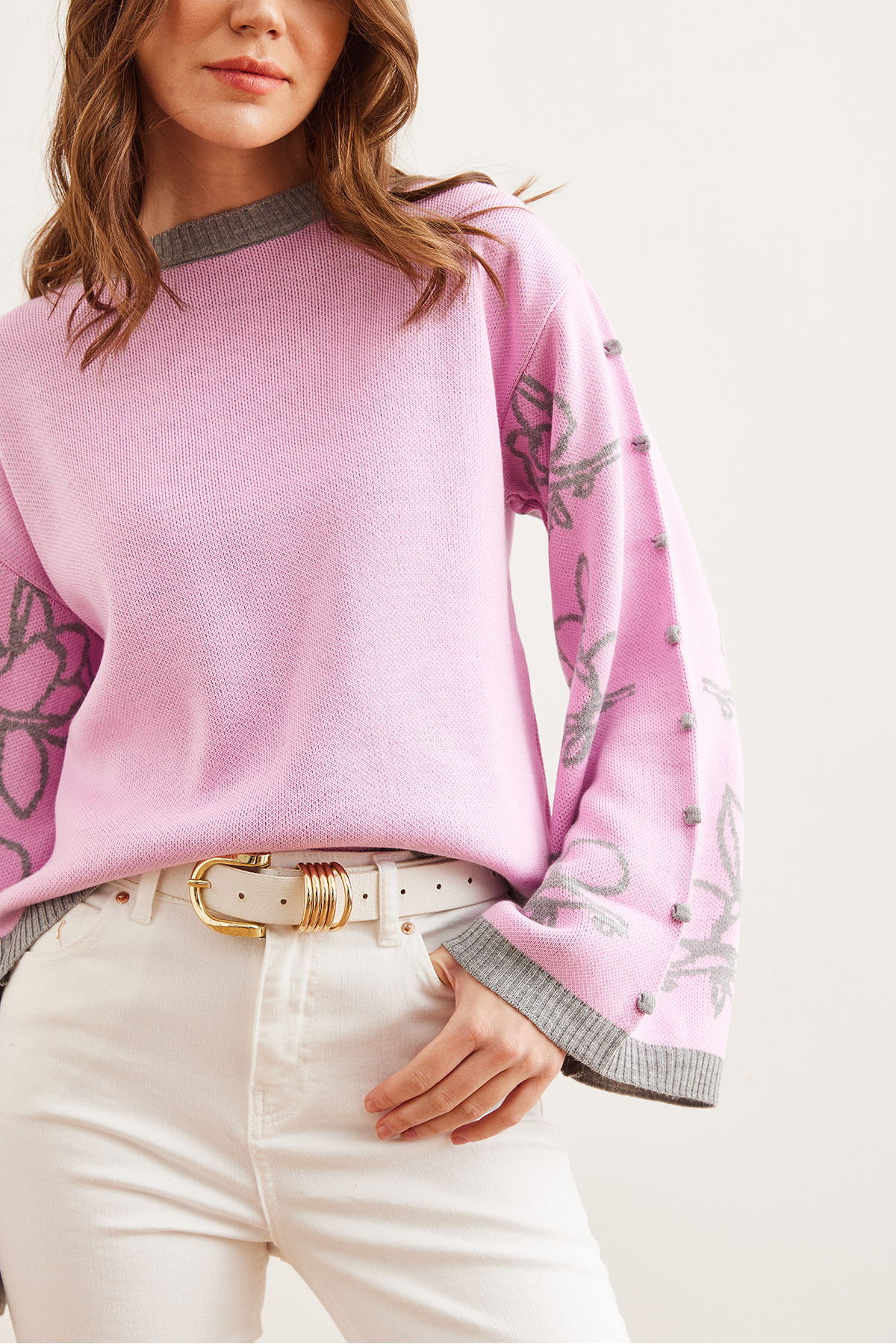 Olalook  Kadın Şeker Pembe İspanyol Kol Desenli Triko Kazak KZK-19000827 - Görsel 5