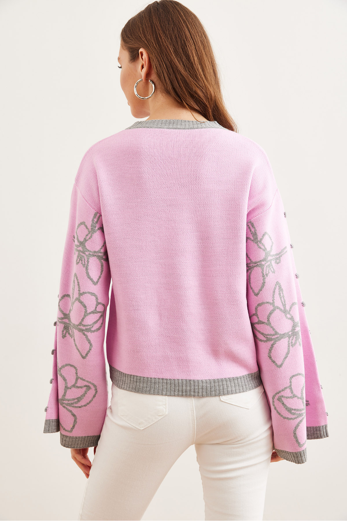 Olalook  Kadın Şeker Pembe İspanyol Kol Desenli Triko Kazak KZK-19000827 - Görsel 7