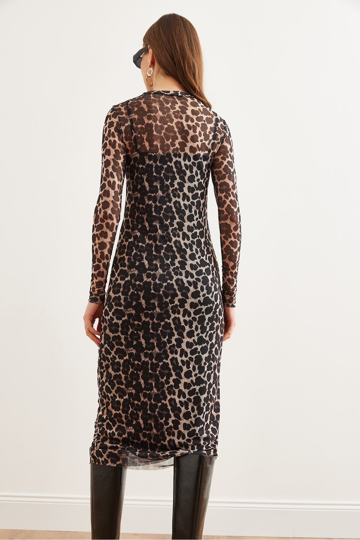 Kadın Taş Astarlı Leopar Midi Tül Elbise ELB-19002293