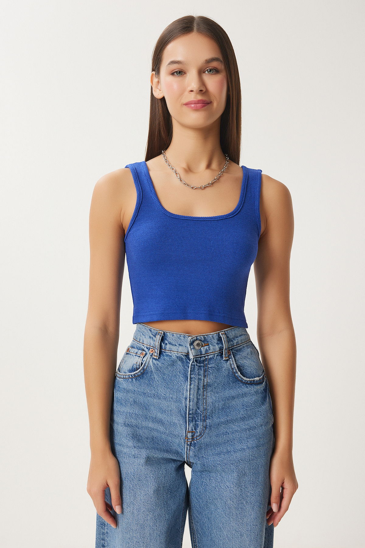 Happiness İstanbul  Kadın Koyu Mavi Askılı Fitilli Crop Örme Bluz GT00030 - Görsel 6