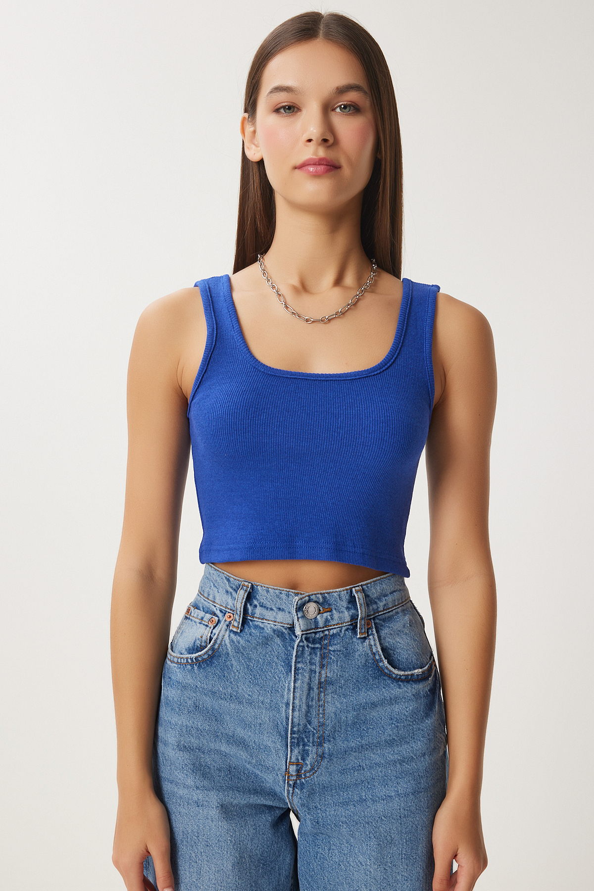 Happiness İstanbul  Kadın Koyu Mavi Askılı Fitilli Crop Örme Bluz GT00030 - Görsel 4