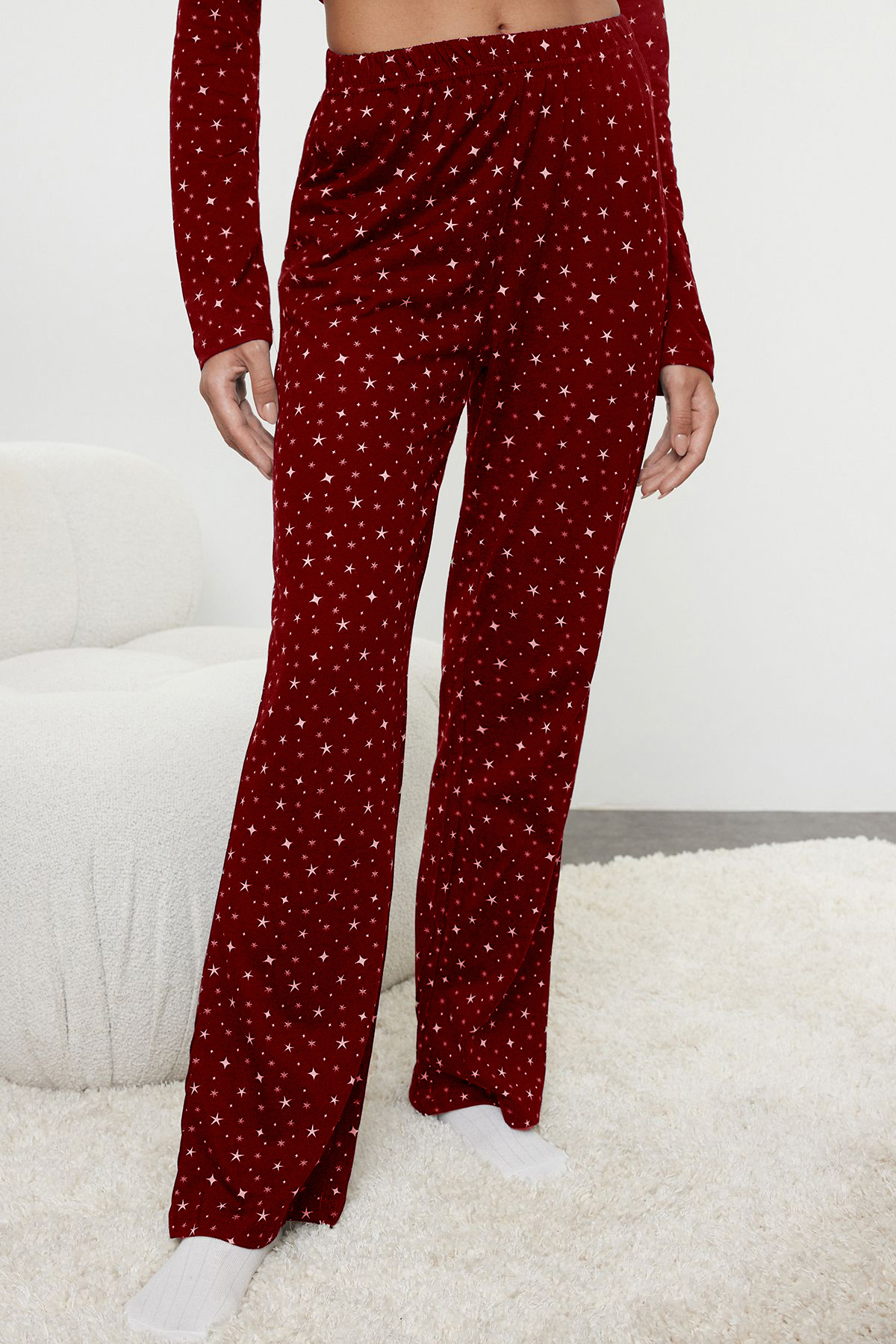 Trendyolmilla  Bordo %100 Pamuklu Galaksi Desenli Örme Pijama Takımı THMAW25PT00097 - Görsel 4