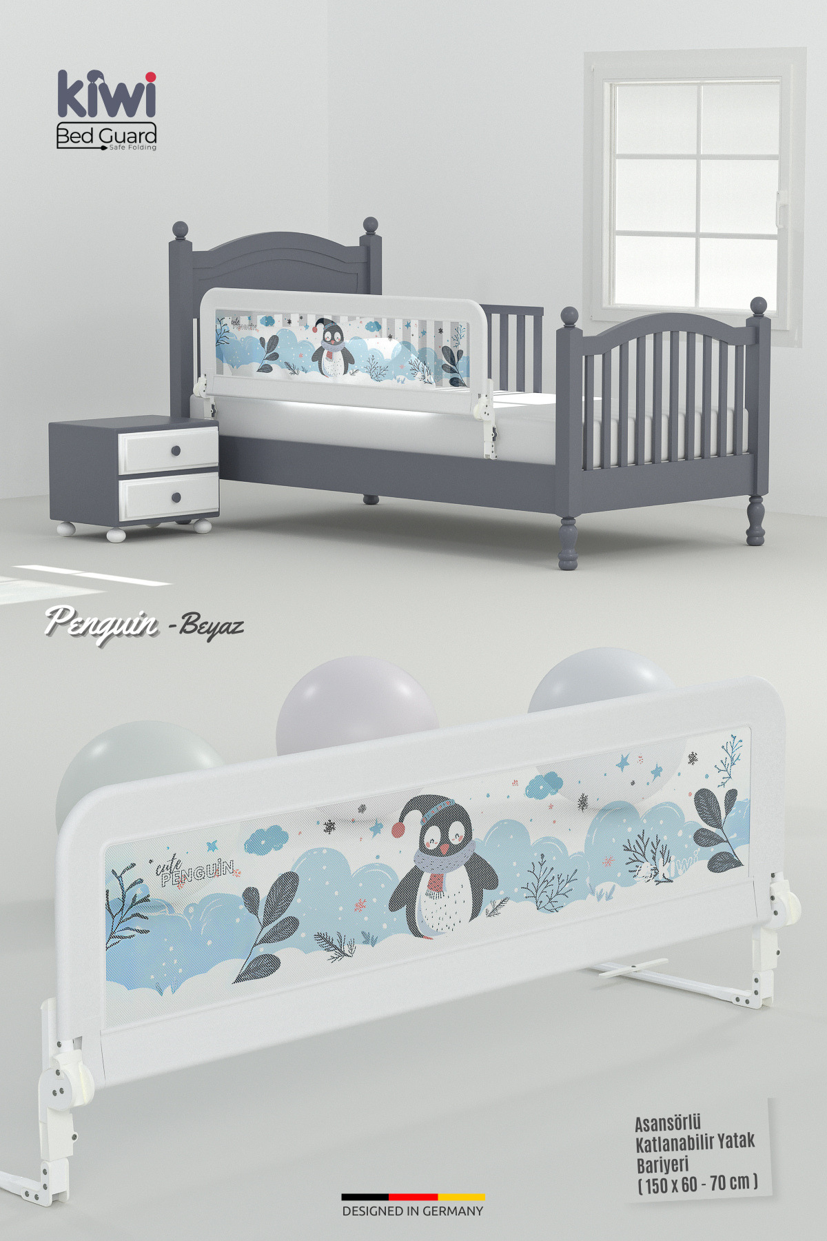 Kiwi Bed Guard Asansörlü Beyaz Renk, Penguen Desenli 150 cm Bebek Yatak Bariyeri
