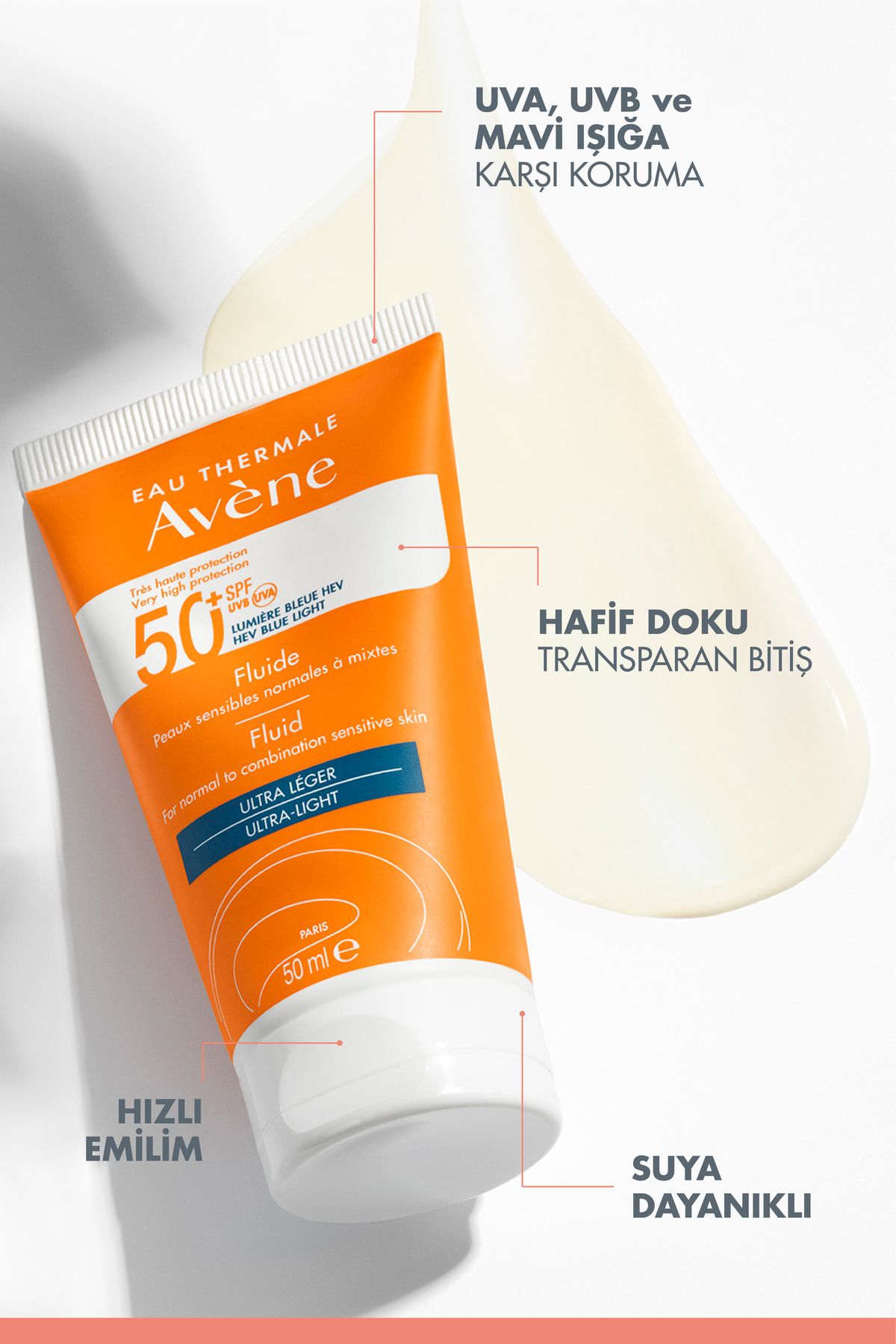 Avene-واقي شمسي سائل بعامل حماية من الشمس SPF 50+ عالي الحماية للبشرة العادية أو المختلطة، 50 مل 3