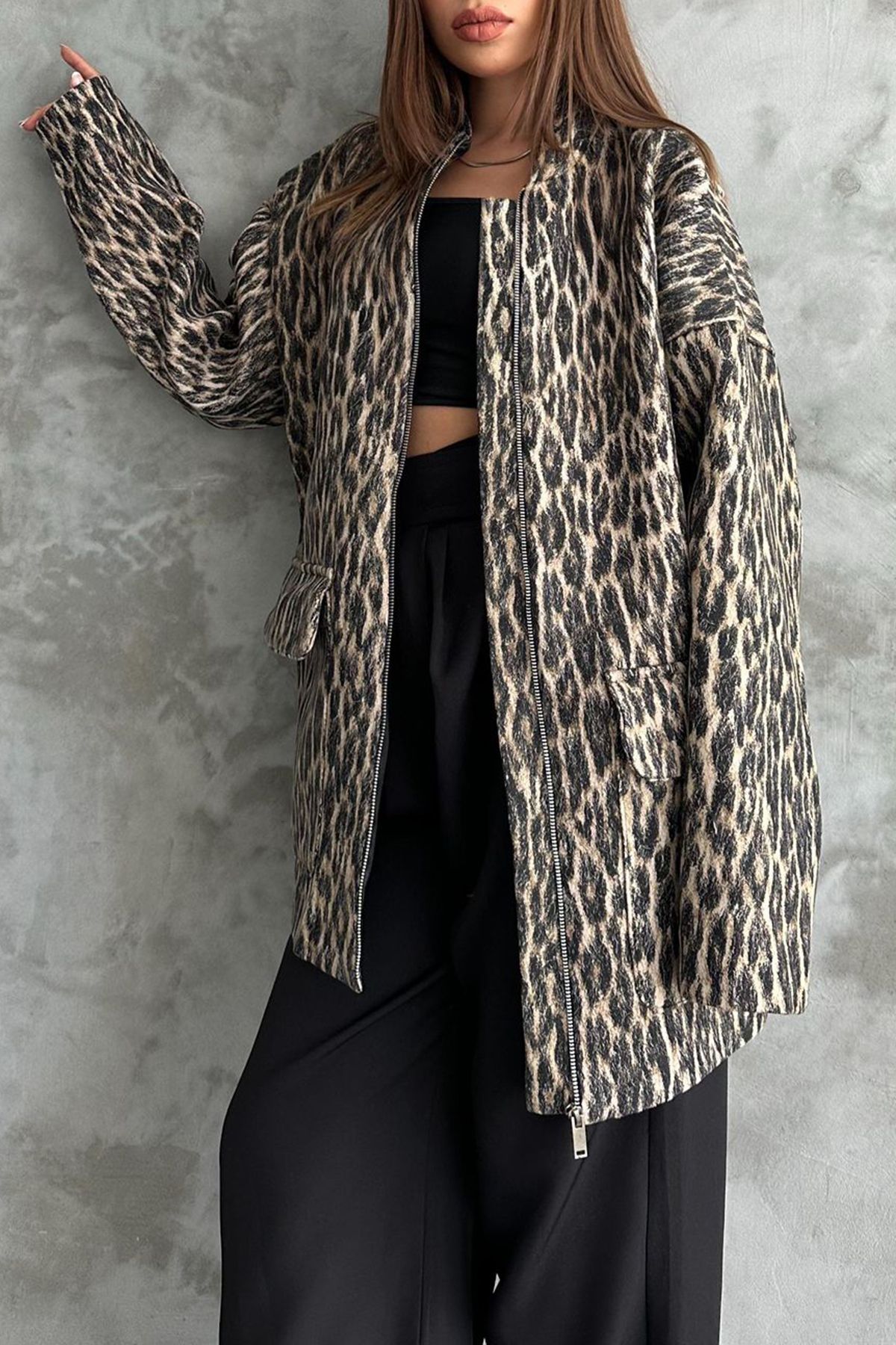 Edit by Trendyol-Palton supradimensionat cu model leopard multicolor TEDAW25MO00002 3