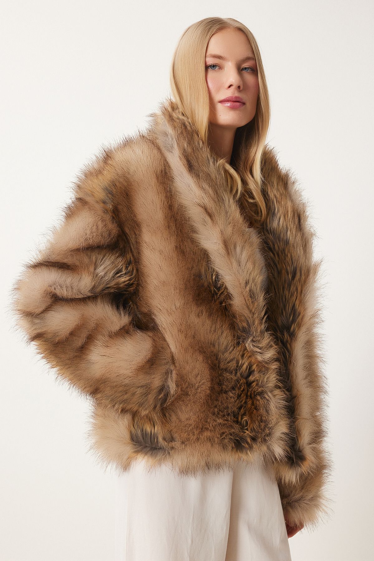 Happiness İstanbul-Nerzfarbene Pelzjacke mit Schalkragen für Damen FN03429 5