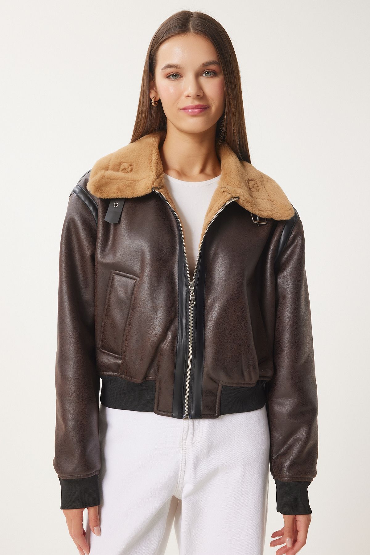 Happiness İstanbul-Women's Brown Faux Leather Bomber Jacket Fn03408 3