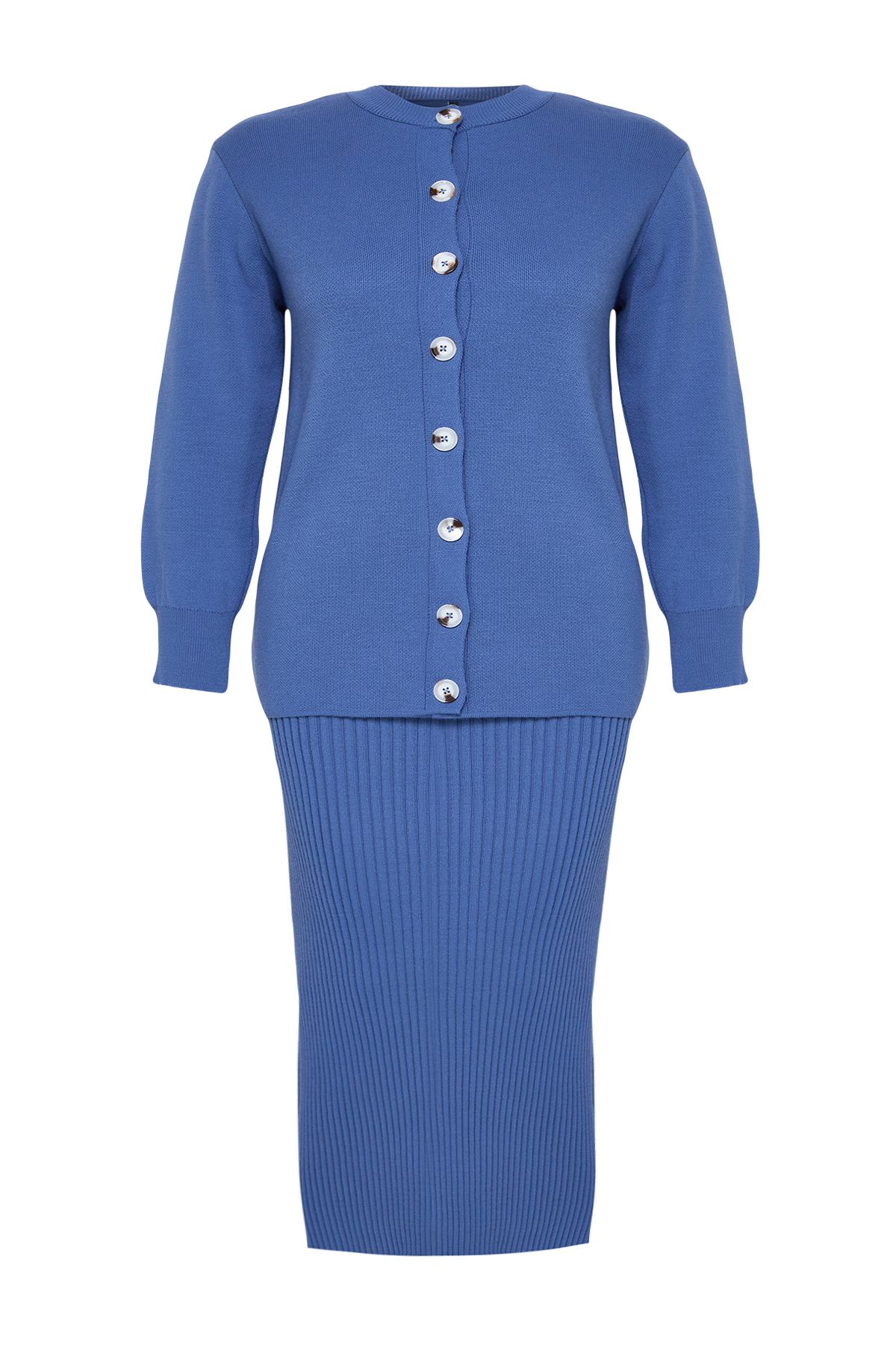 Trendyol Curve-Indigo Midi Size 2-Piece Knitwear Set - Ribbed Cardigan and Dress Tbbaw25Ah00110 7