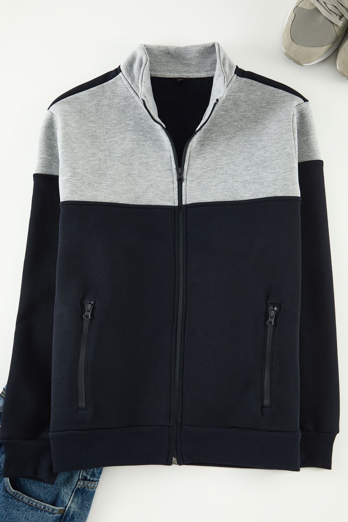 Trendyol Collection-Navy Blue-Grey Melange Zippered Stand Collar Long Sleeve Sweatshirt - Tmnaw22Sw0720 2