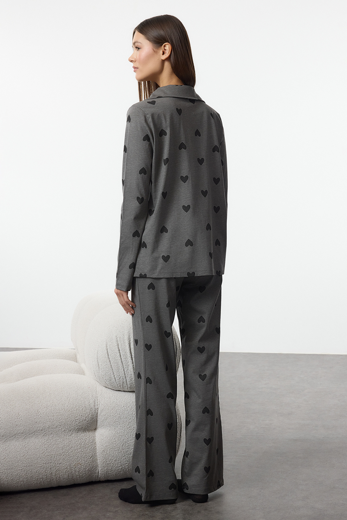 Trendyolmilla  Gri %100 Pamuklu Kalp Desenli Örme Pijama Takımı THMAW21PT0548 - Görsel 5