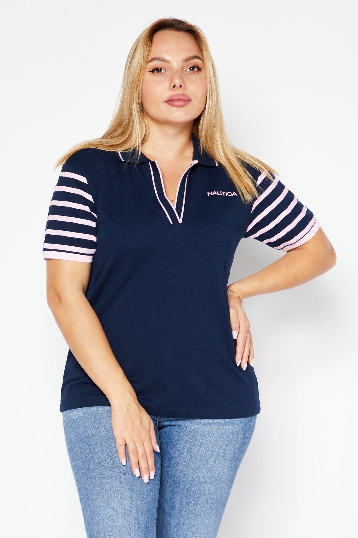 Nautica-Women Spread Neck Short  Sleeve Printed Top, Navy/Pink 1