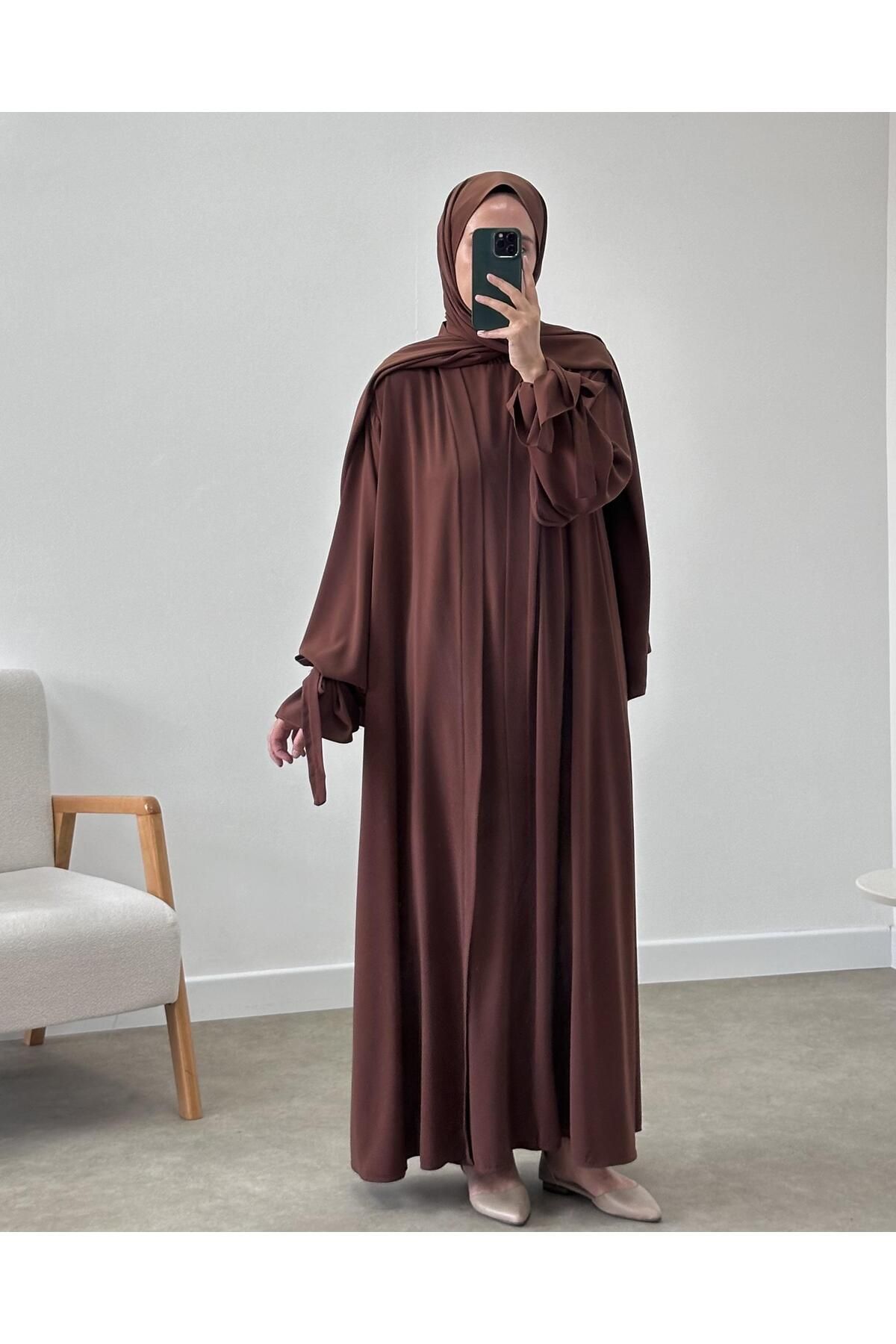 CHUL-Coffee Color Abaya Set with Drawstring Sleeves 3