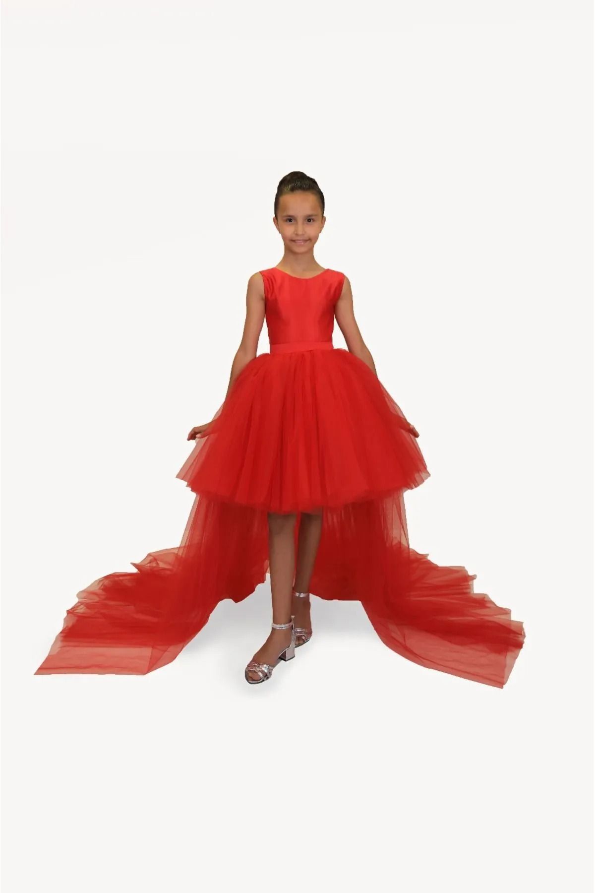 Tomac-Girl's Long Train Back Tutu Skirt Graduation Party Dress Red 1