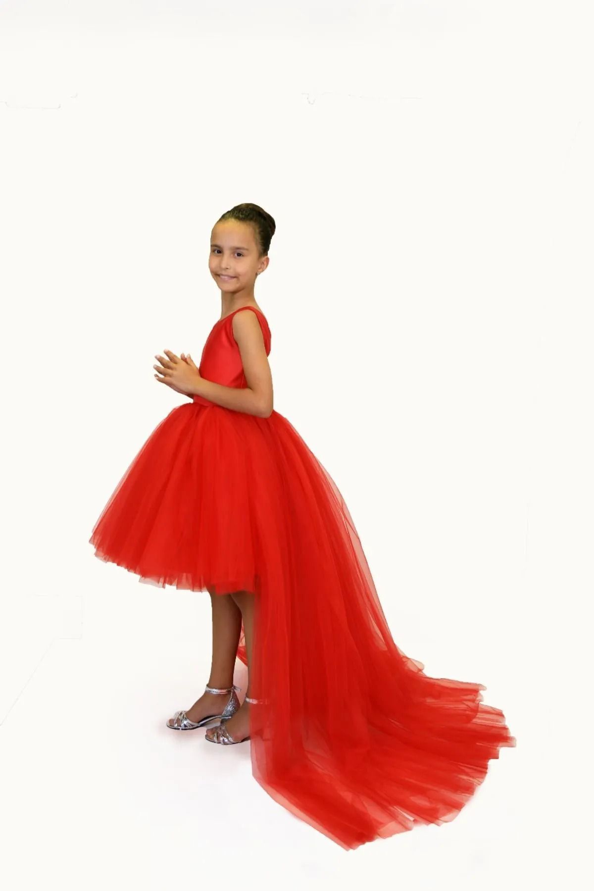 Tomac-Girl's Long Train Back Tutu Skirt Graduation Party Dress Red 2