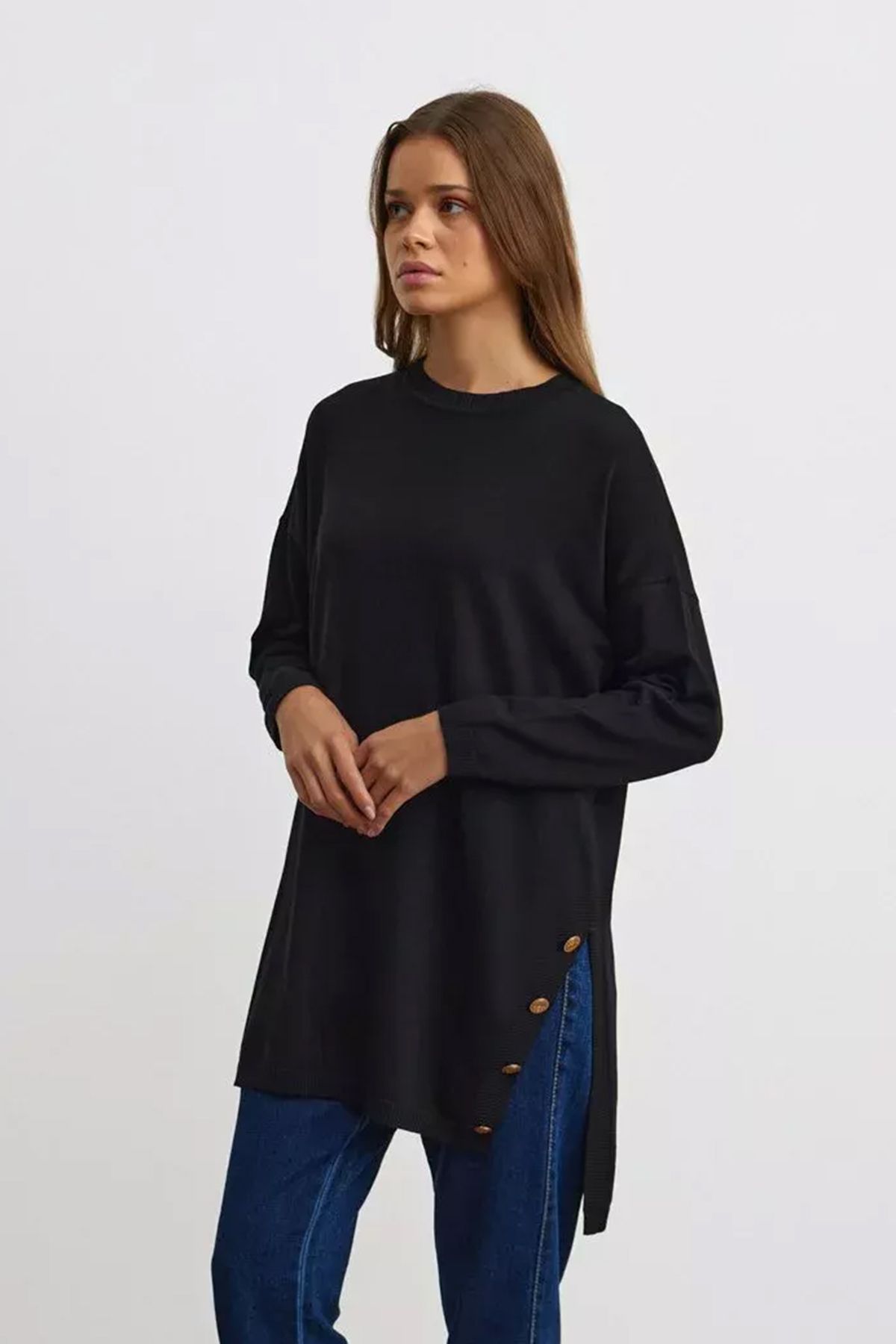 REMSA-Merwish Black Cotton Knitwear Tunic - Side Blood and Button Detail 1101 1