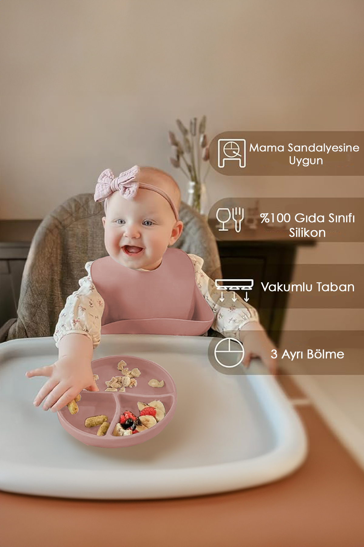 Meleni Baby 2'li Silikon Bebek Beslenme Seti - Vakumlu Tabak, Ayarlanabilir Silikon Mama Önlüğü, Pembe fotoğrafı 4 (önizleme)