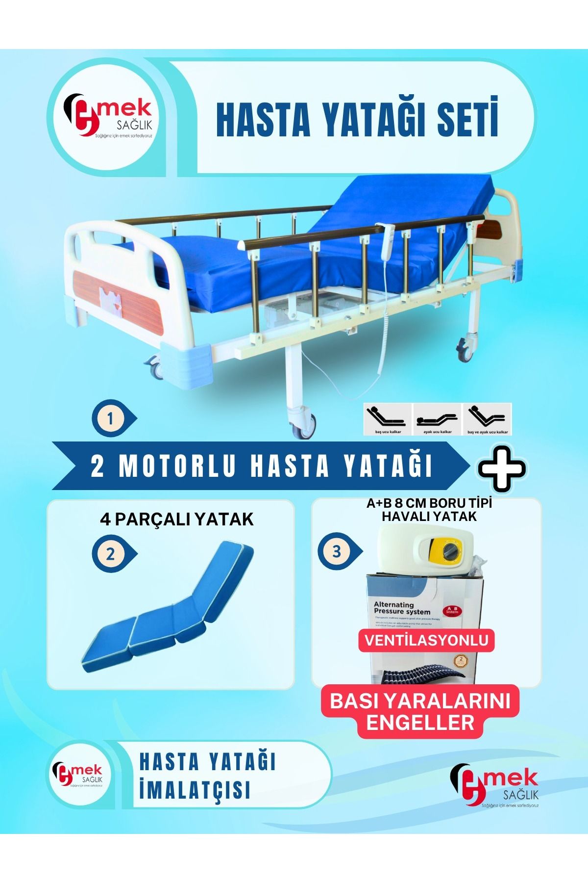 emek sağlık 2 Motorlu Abs Başlıklı Tabanca Korkuluklu+4 Parçalı Yatak + A+B 8 cm Boru Tipi Havalı Yatak