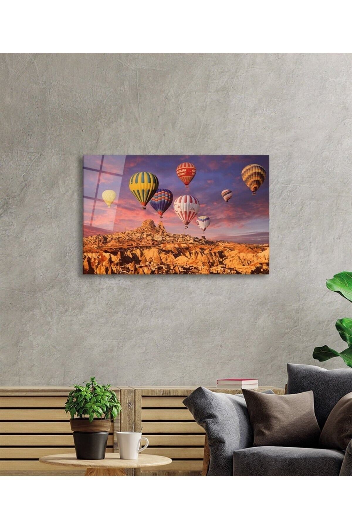 ArtNoia Kapadokya Uçan Sıcak Hava Balonları Doğa Manzarası Cam Tablo