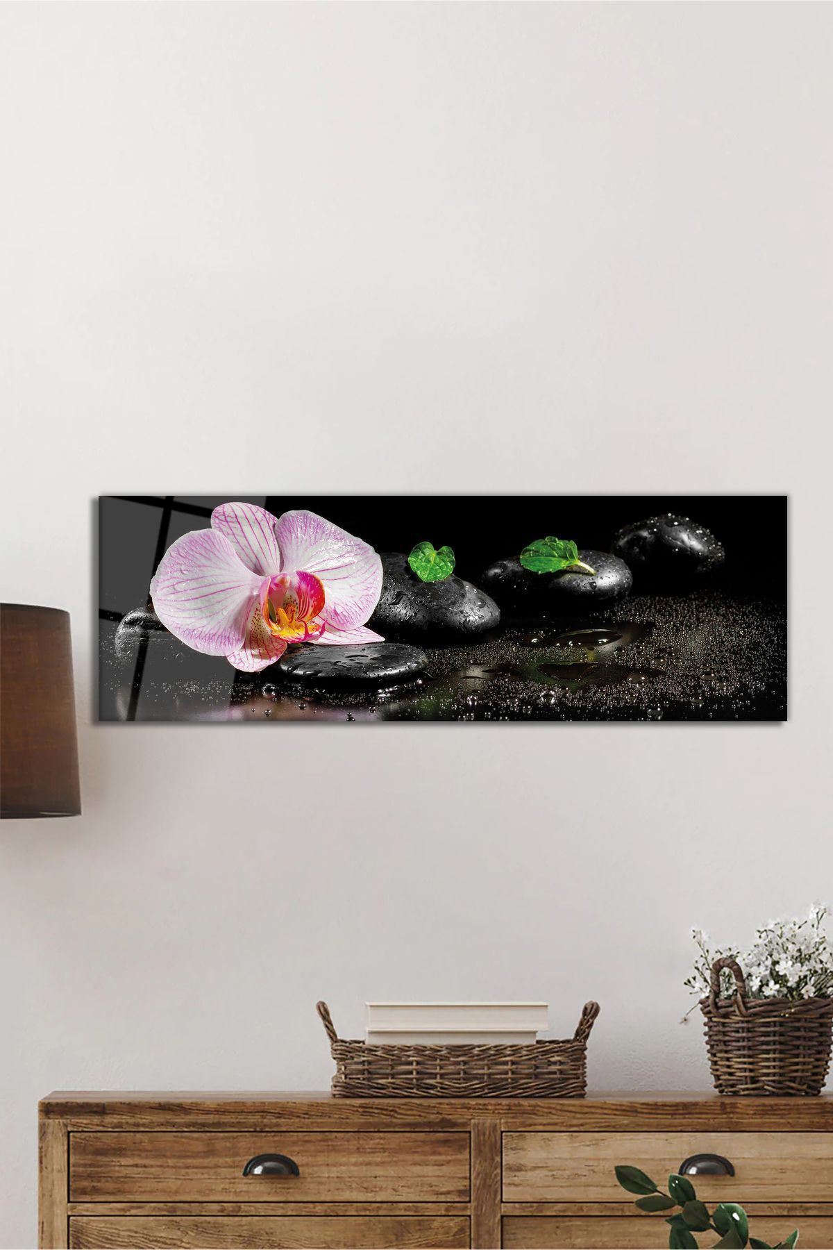ArtNoia Orkide Çiçeği ve Taşlar Panorama Cam Tablo