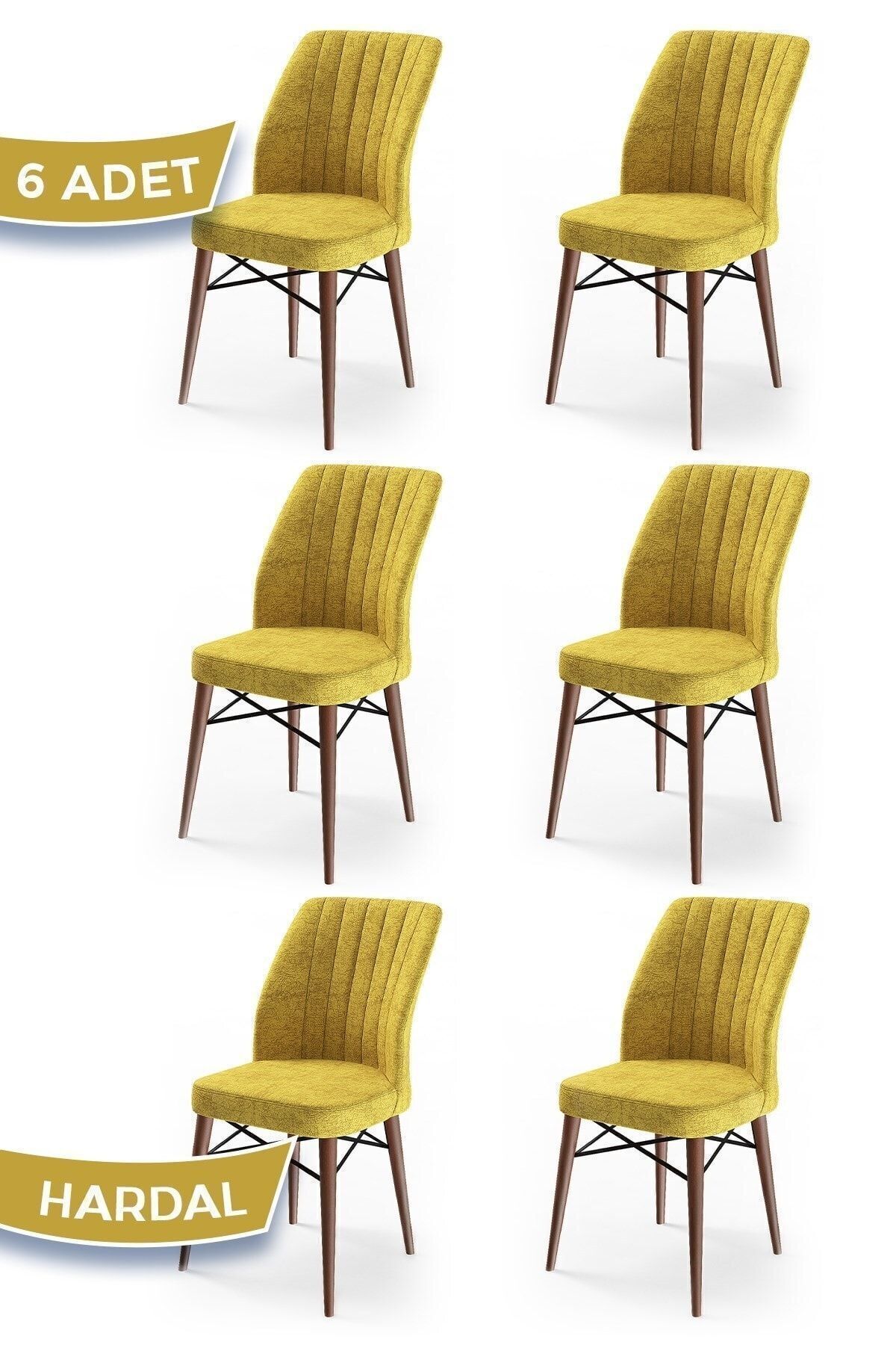 Flex Series, High Quality Kitchen Chair, 6 Mustard Chairs, Hornbeam Walnut Wooden Leg