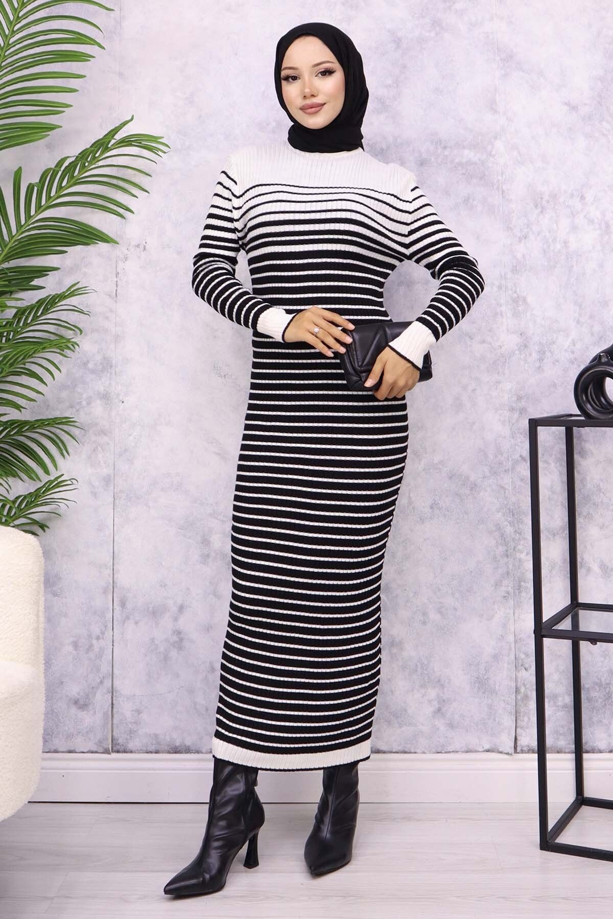 benguen-6143 Model Ecru Turtleneck Striped Knitwear Dress 1