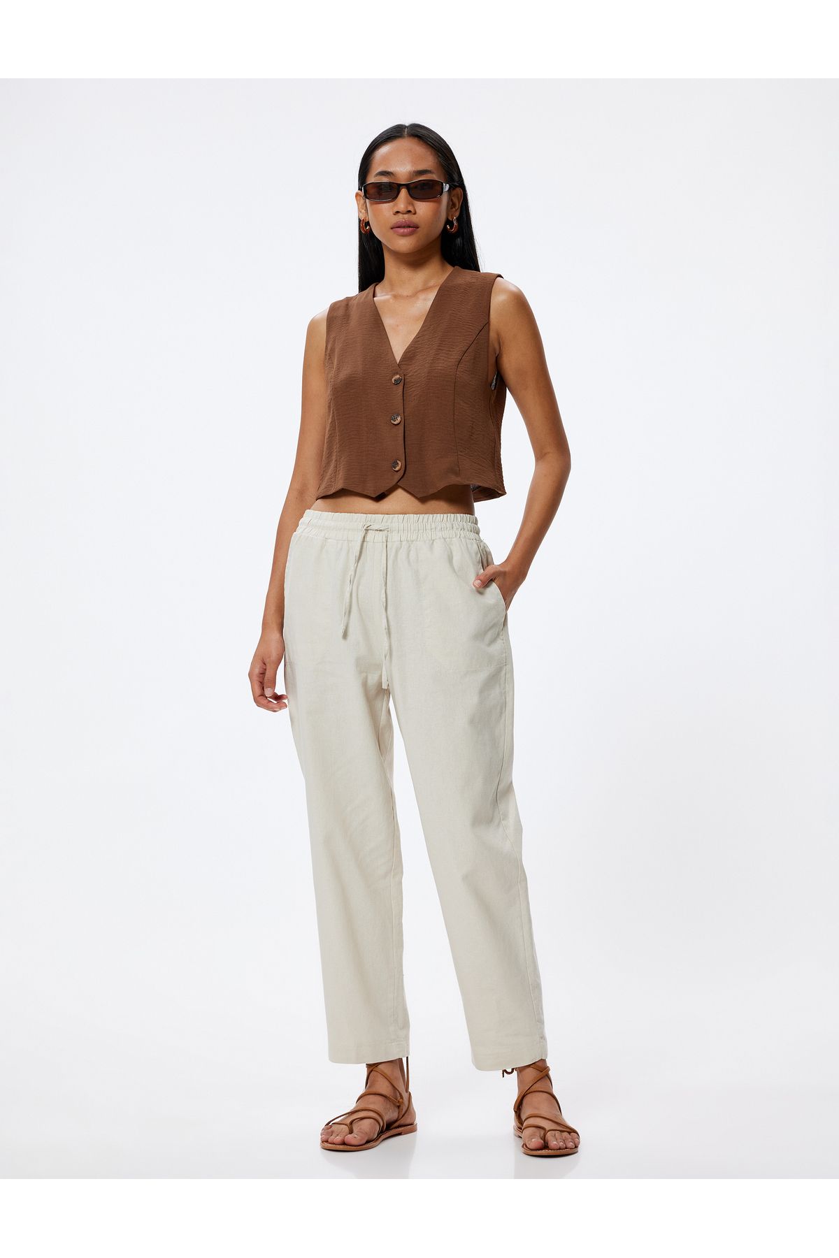 Koton-High Waist Pocket Linen Trousers - Carrot Cut 2