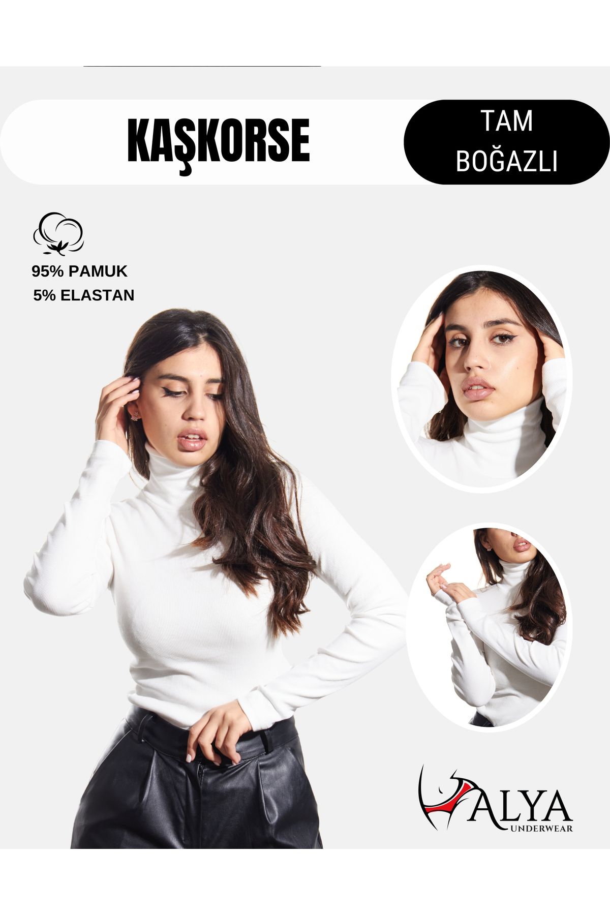 ALYA UNDERWEAR Kaşkorse Tam Boğazlı Body Sweatshirt, Fitilli Kumaş, Likralı, Beyaz