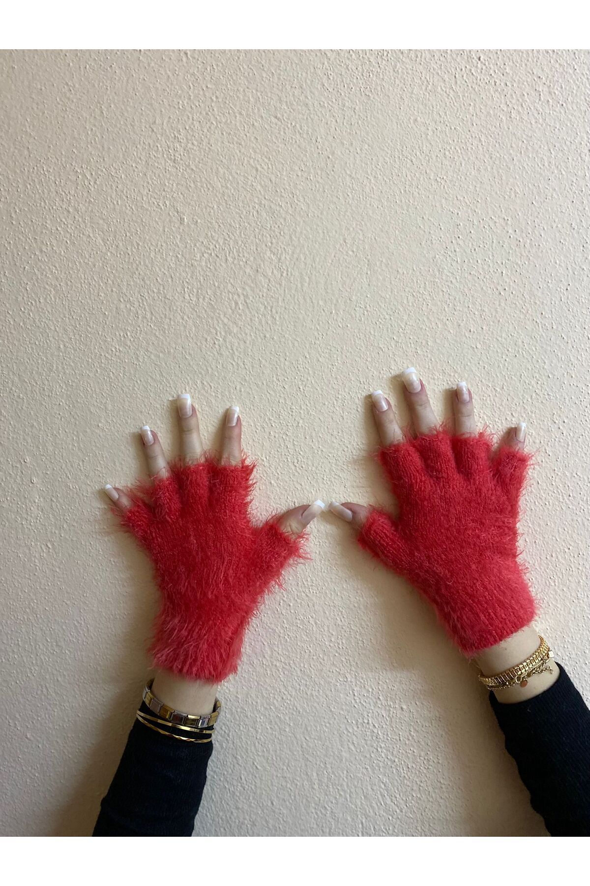 sema aksesuar-Red Bearded Yarn Mohair Fingers Cut Out Gloves - Fingerless Gloves - Gift New Year New Year 4