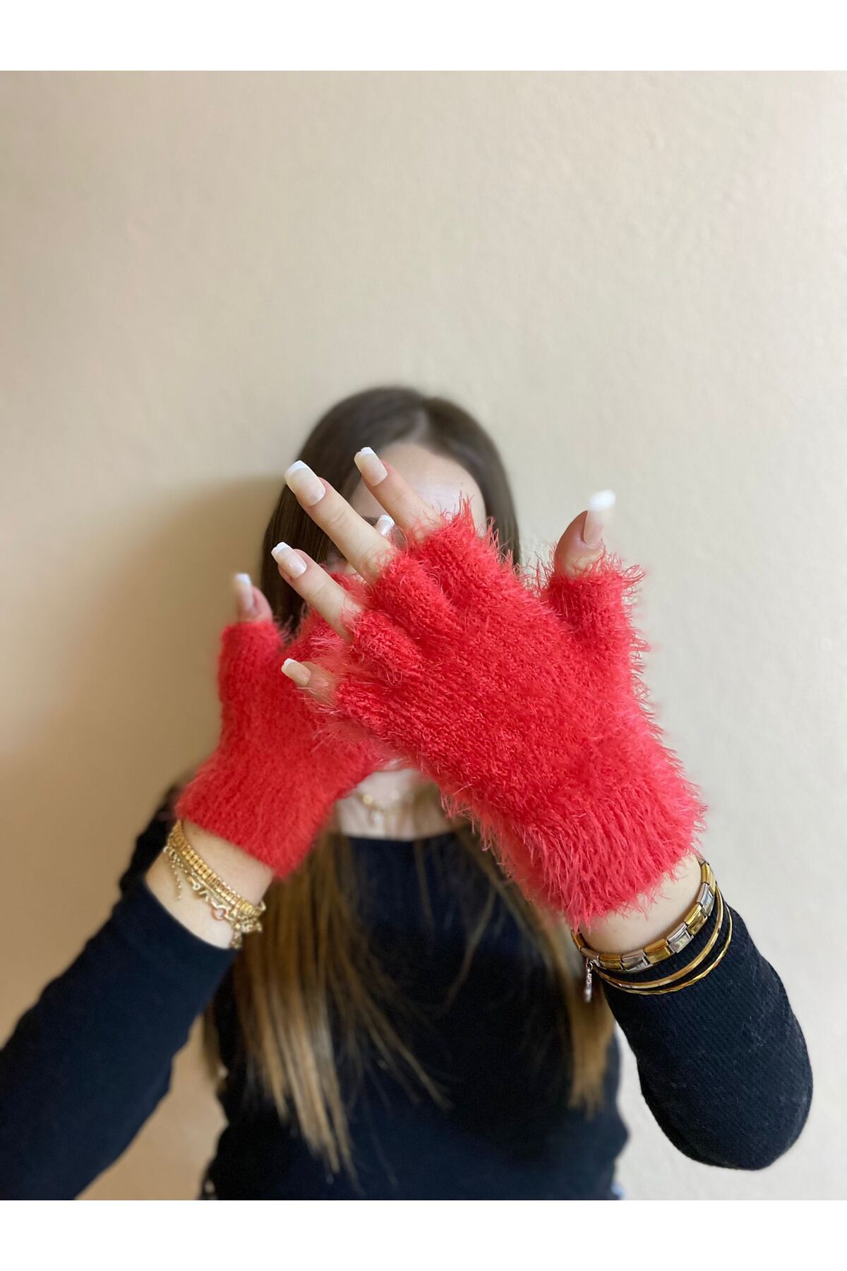 sema aksesuar-Red Bearded Yarn Mohair Fingers Cut Out Gloves - Fingerless Gloves - Gift New Year New Year 5