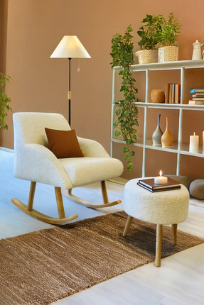 YAPKAR Sallanan Ahşap Ayaklı Kırık Beyaz Rengi Modern Berjer Koltuk - Puf Hed...