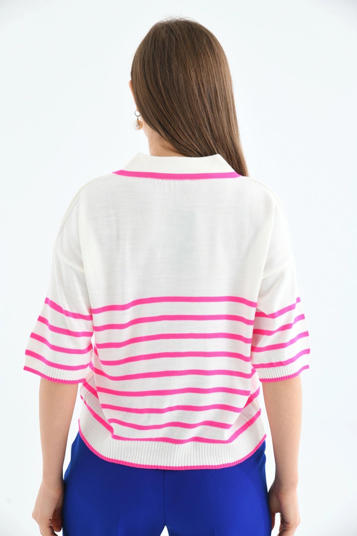 Park Karon-Polo Neck Striped Women's Knitwear Sweater - Top Ecru Fuchsia 8