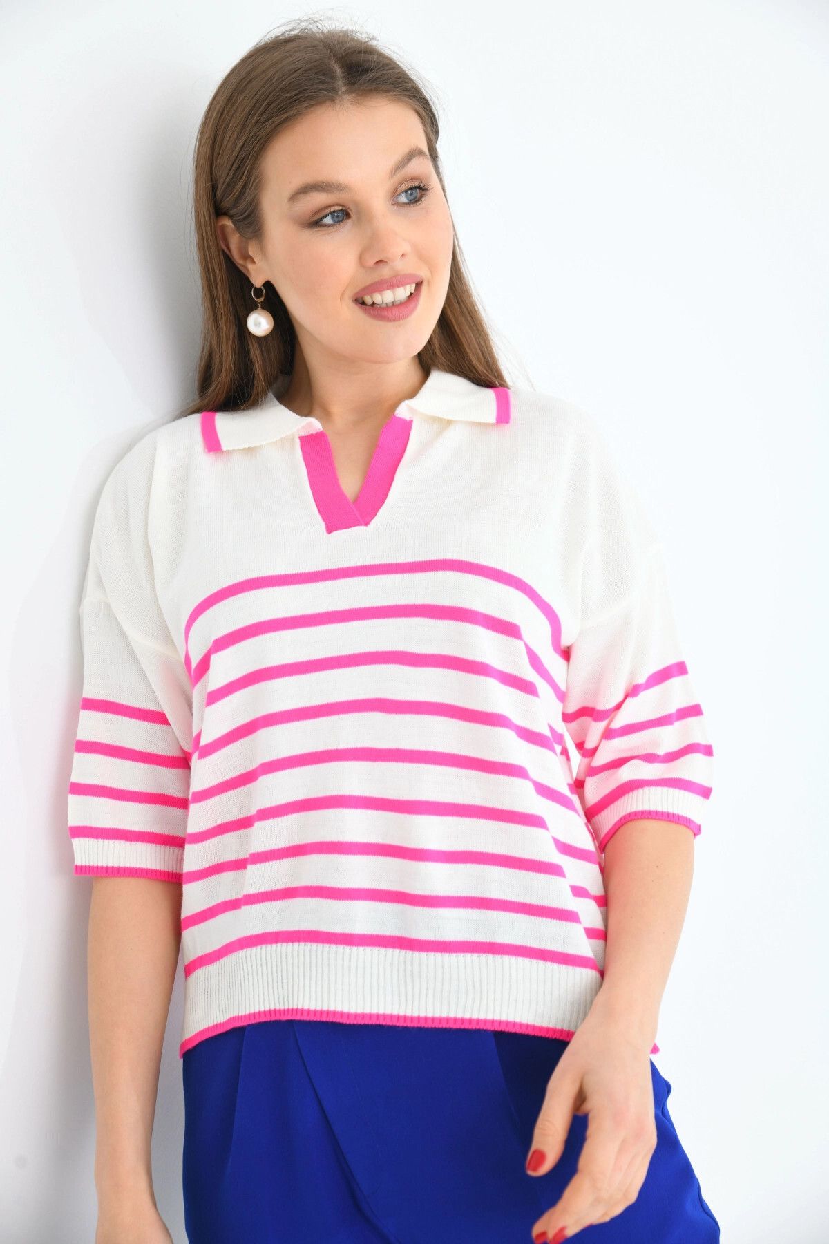 Park Karon-Polo Neck Striped Women's Knitwear Sweater - Top Ecru Fuchsia 1